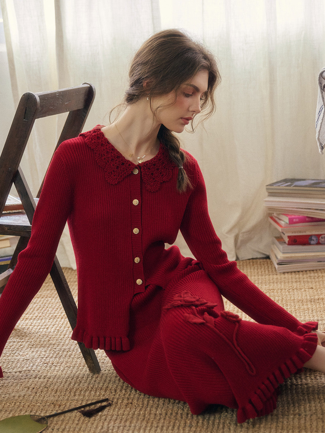 Scarlet Red 3D Floral Knit Skirt