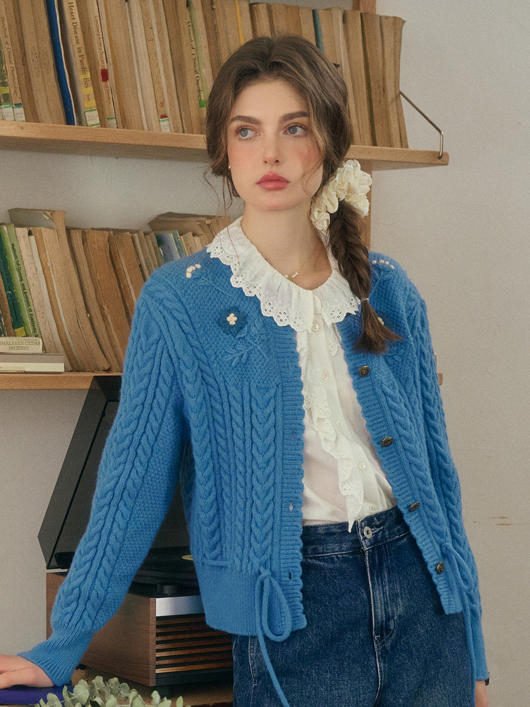 Vesper Wavy Neck Ribbed Wool Cardigan - Blue