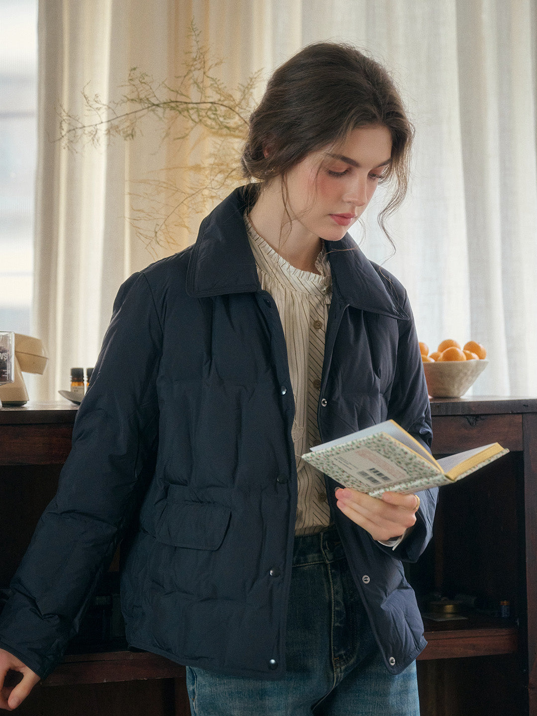 Bea Notched Collar Pocket Down Jacket - Khaki