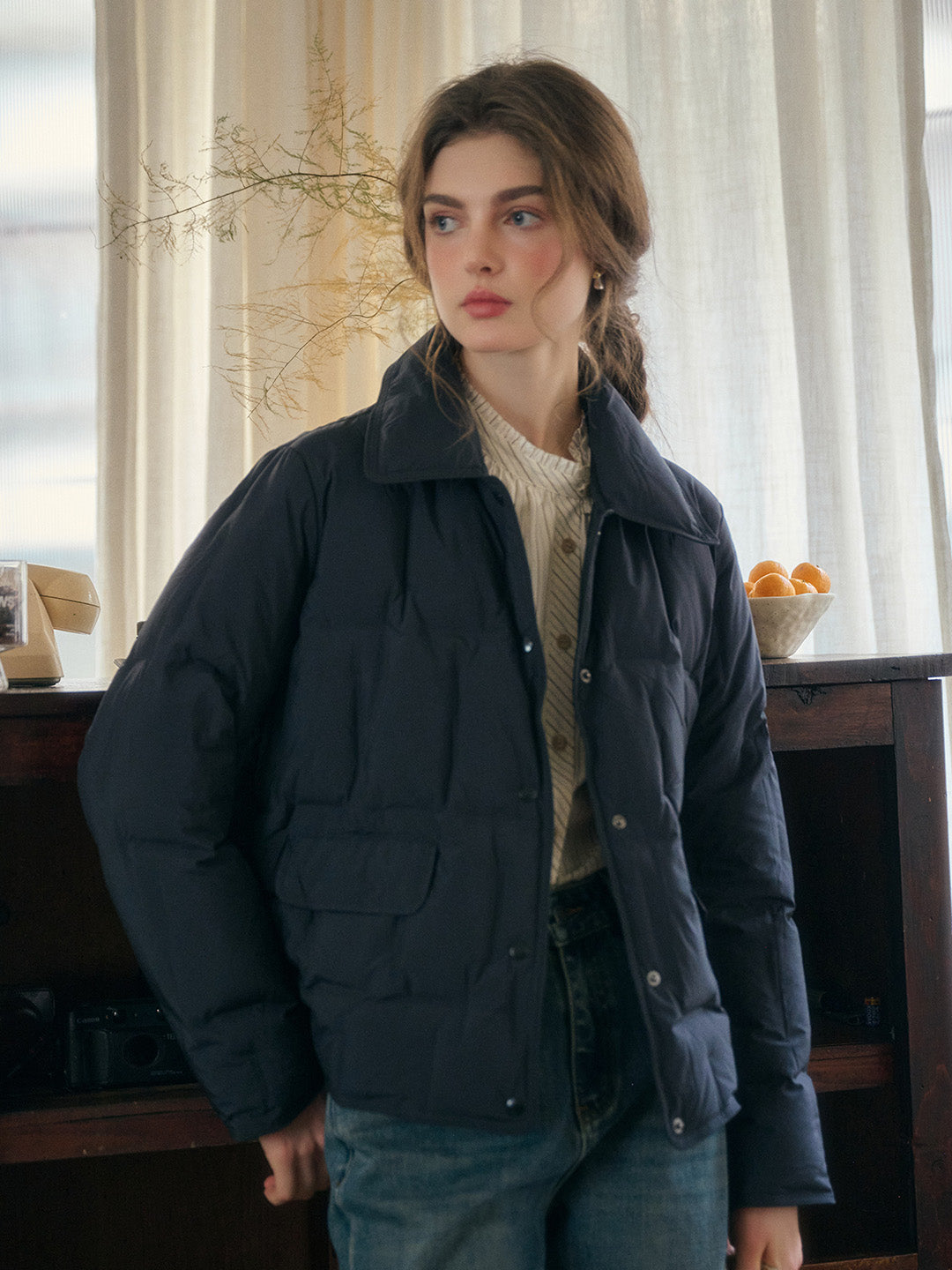 Bea Notched Collar Pocket Down Jacket - Black