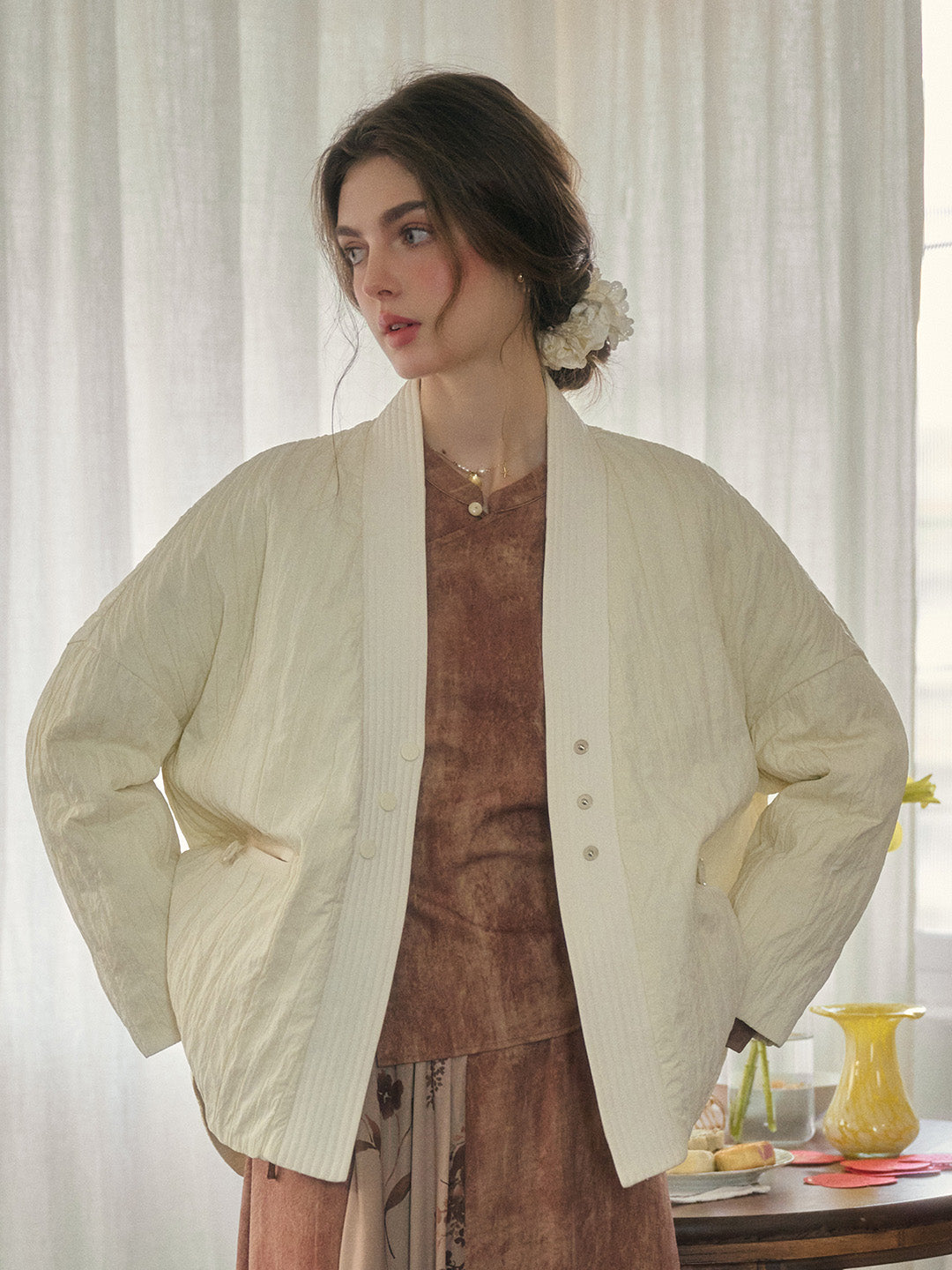 Emi Collarless Pocket Down Jacket - Off-white