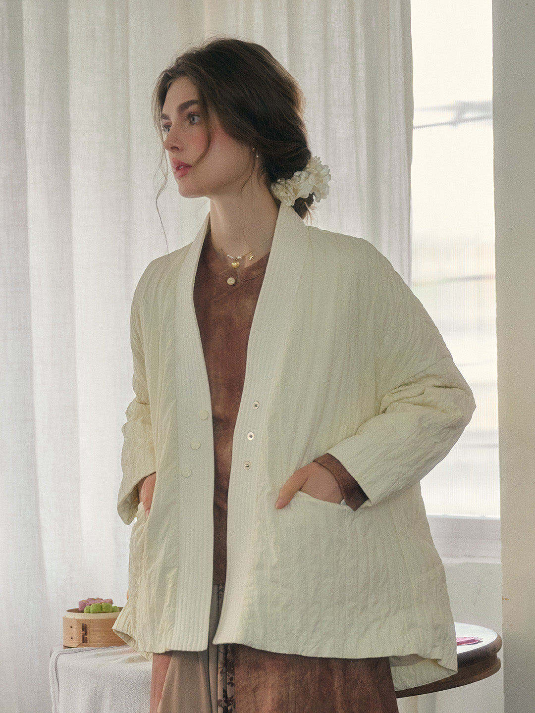 Emi Collarless Pocket Down Jacket - Off-white