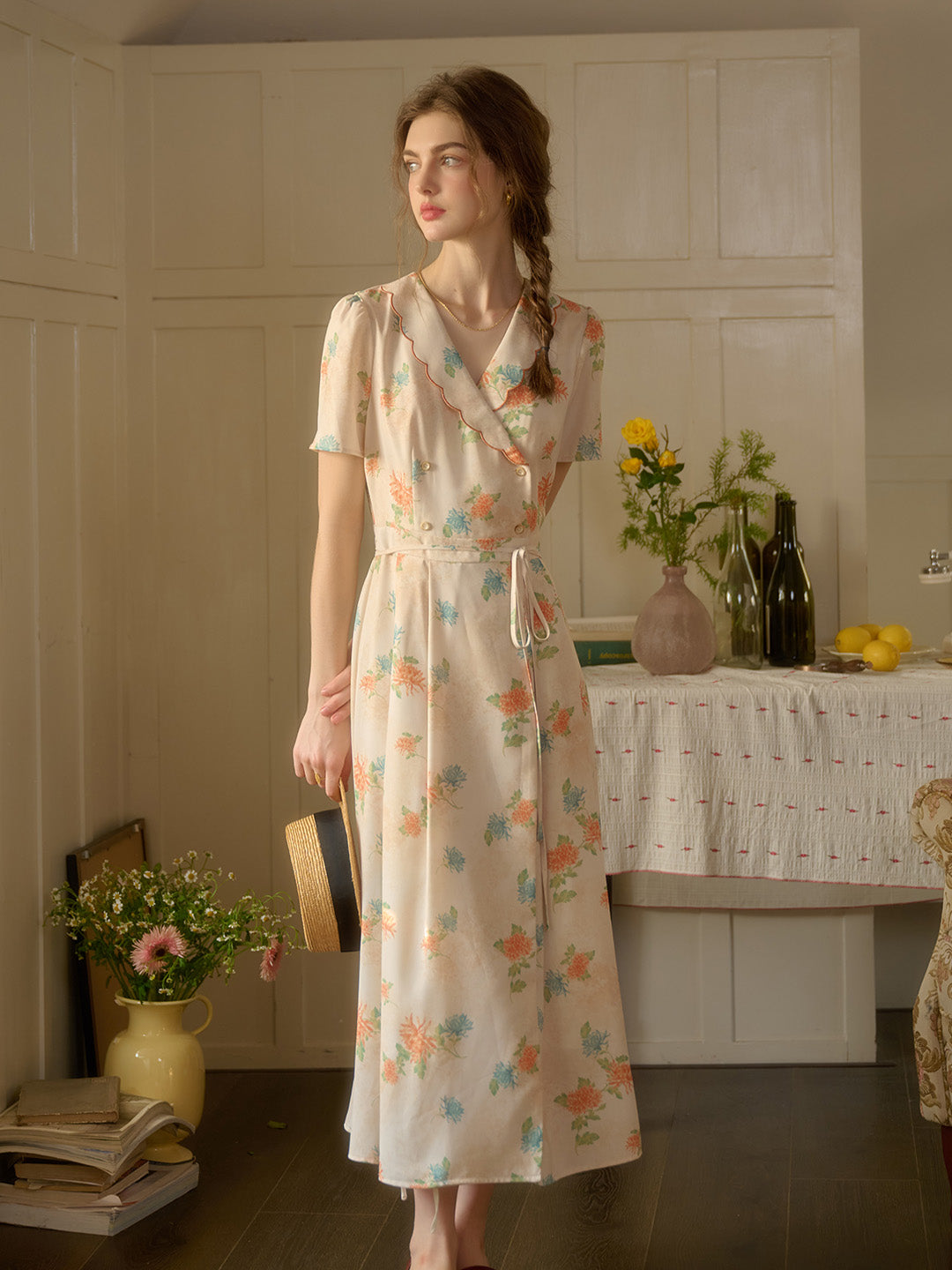 【Final Sale】Louisa Ruffle V-Neck Floral Waist Dress - Apricot