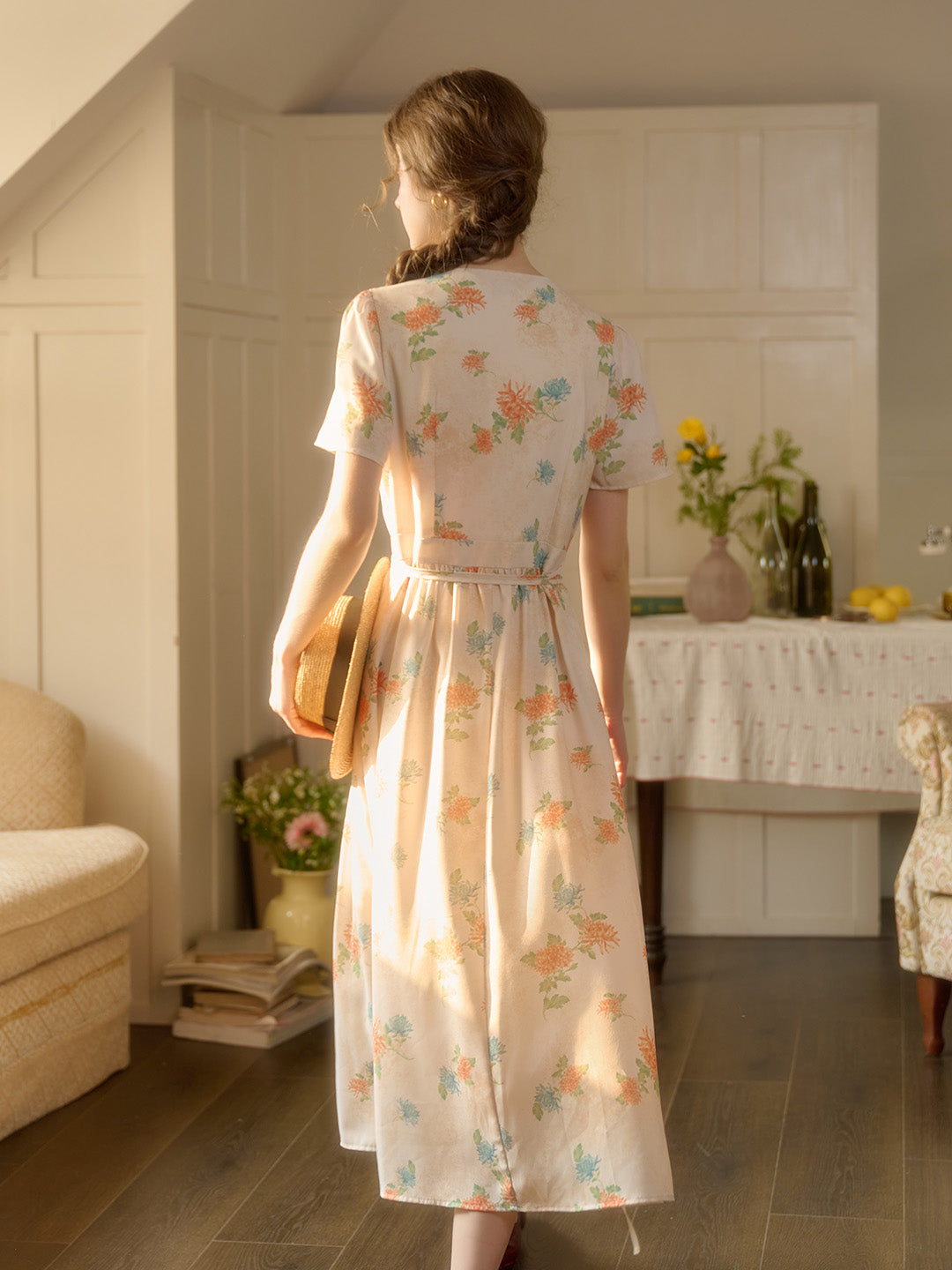 【Final Sale】Louisa Ruffle V-Neck Floral Waist Dress - Apricot