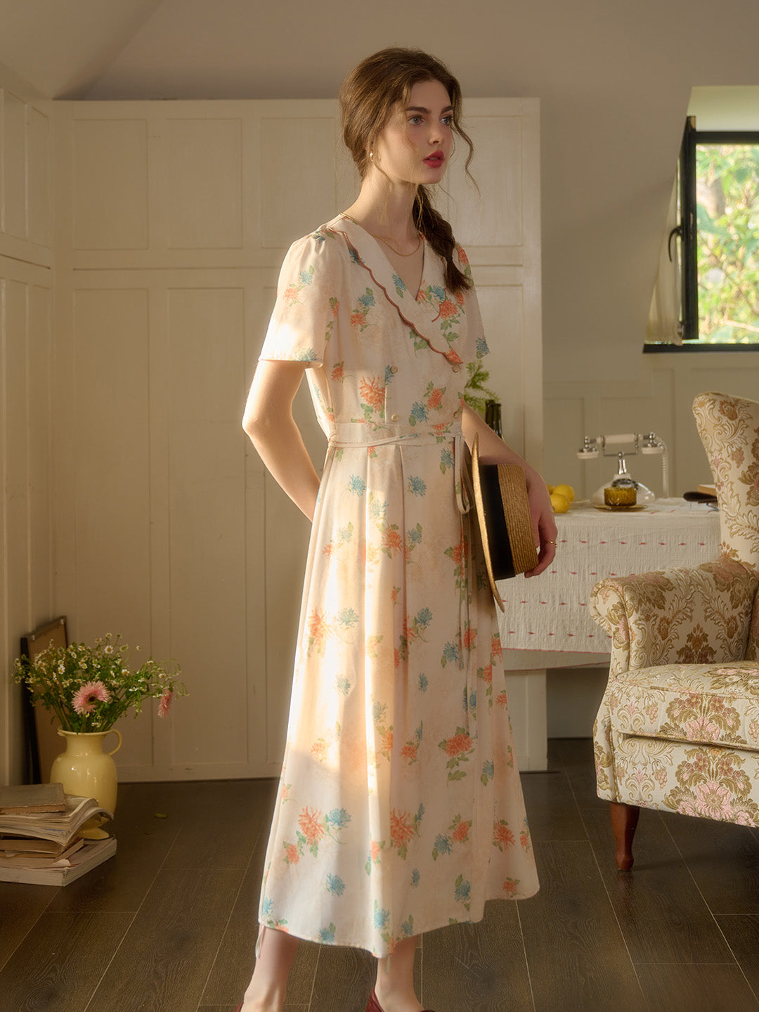 【Final Sale】Louisa Ruffle V-Neck Floral Waist Dress - Apricot
