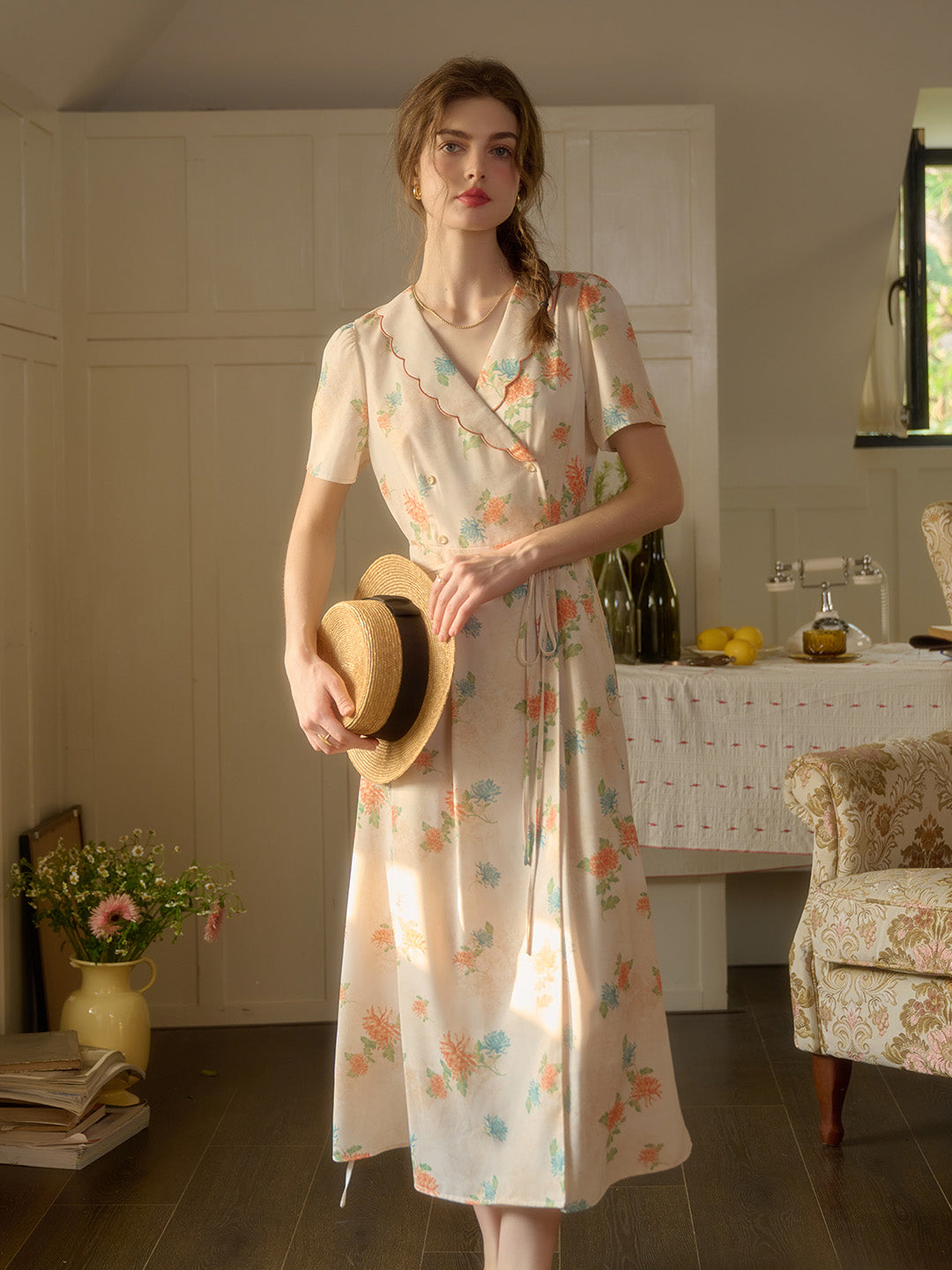 【Final Sale】Louisa Ruffle V-Neck Floral Waist Dress - Apricot