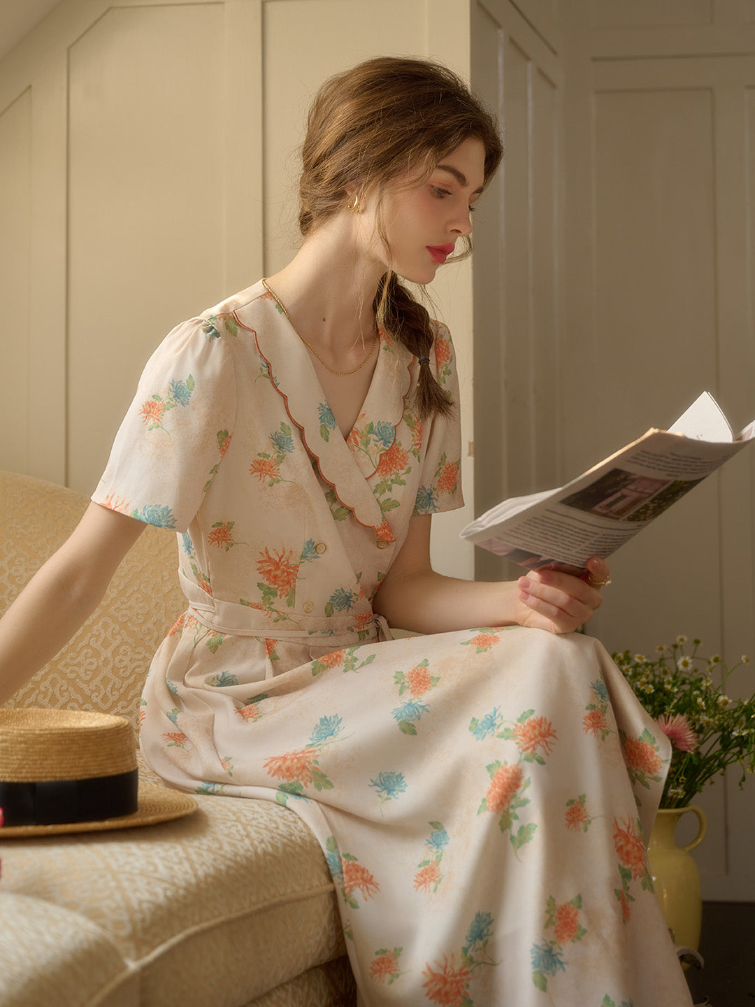 【Final Sale】Louisa Ruffle V-Neck Floral Waist Dress - Apricot