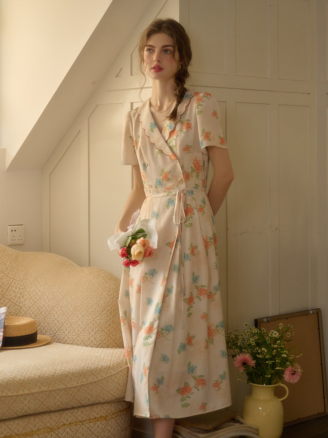 【Final Sale】Louisa Ruffle V-Neck Floral Waist Dress - Apricot