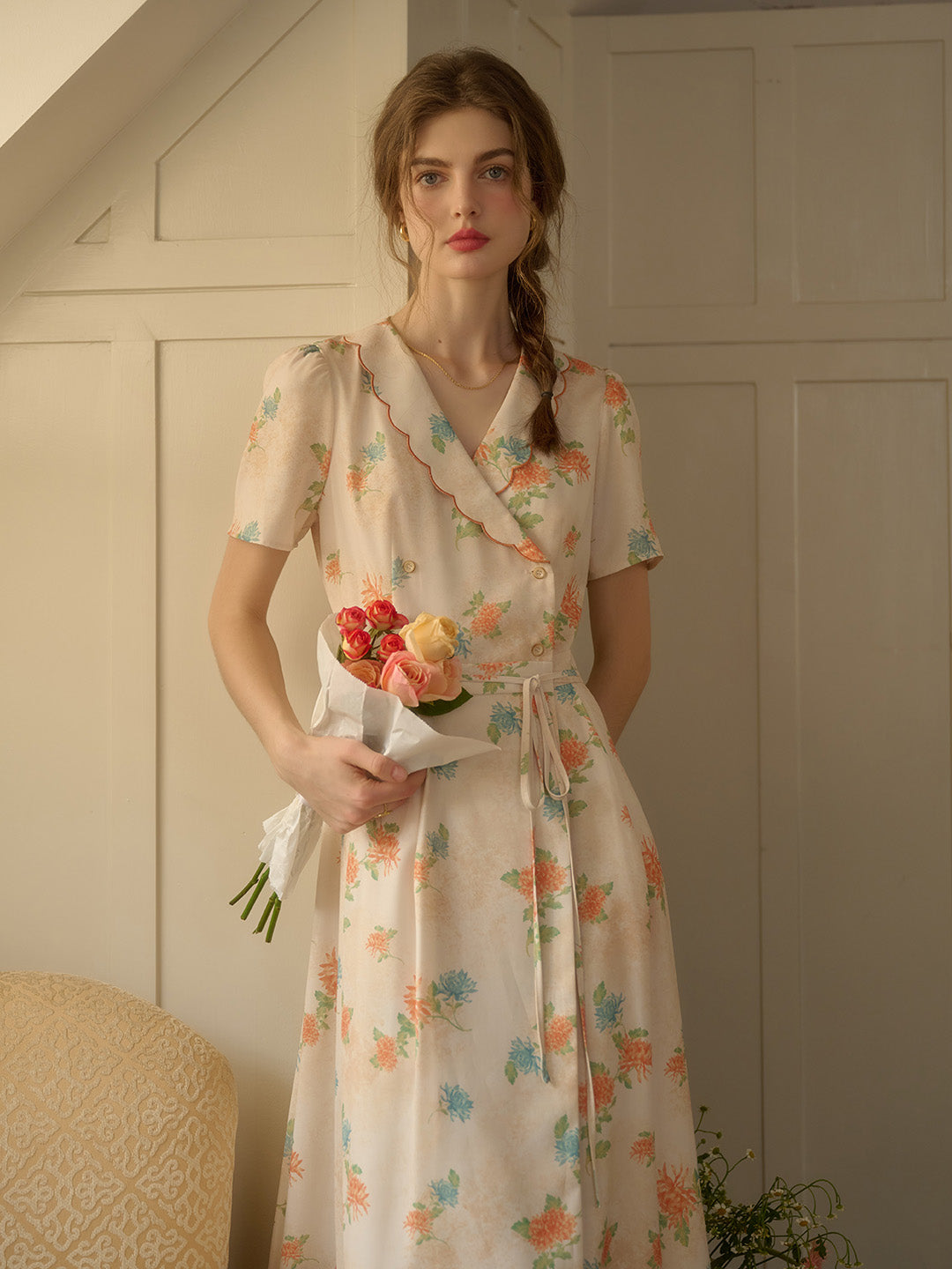 【Final Sale】Louisa Ruffle V-Neck Floral Waist Dress - Apricot