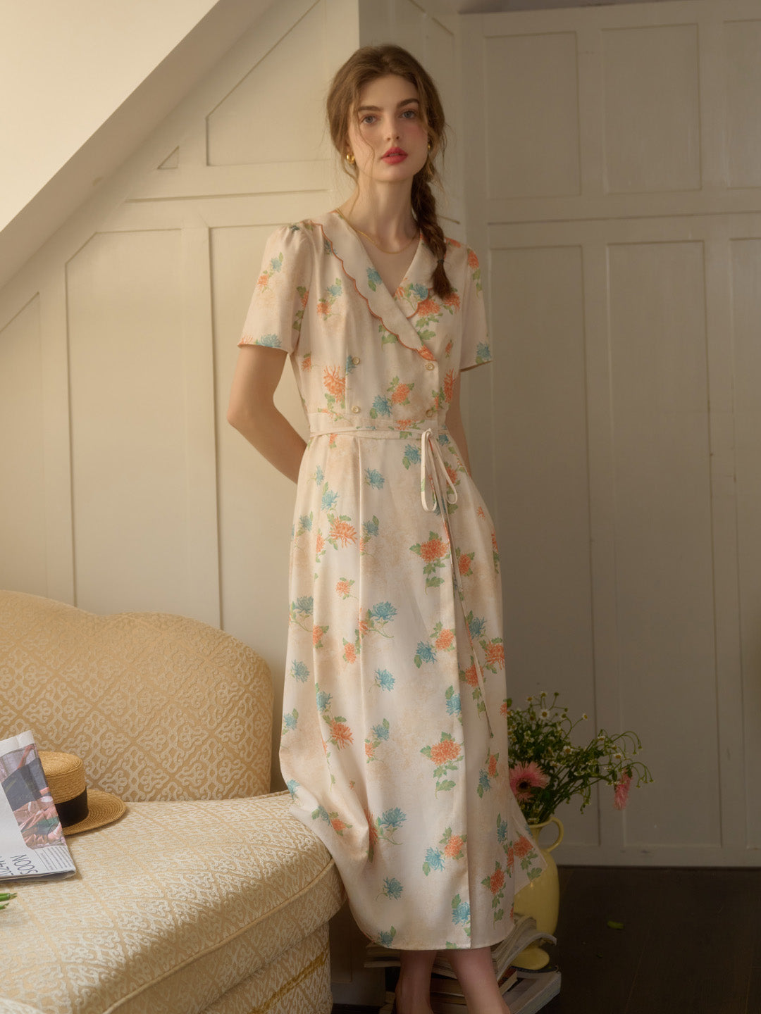【Final Sale】Louisa Ruffle V-Neck Floral Waist Dress - Apricot
