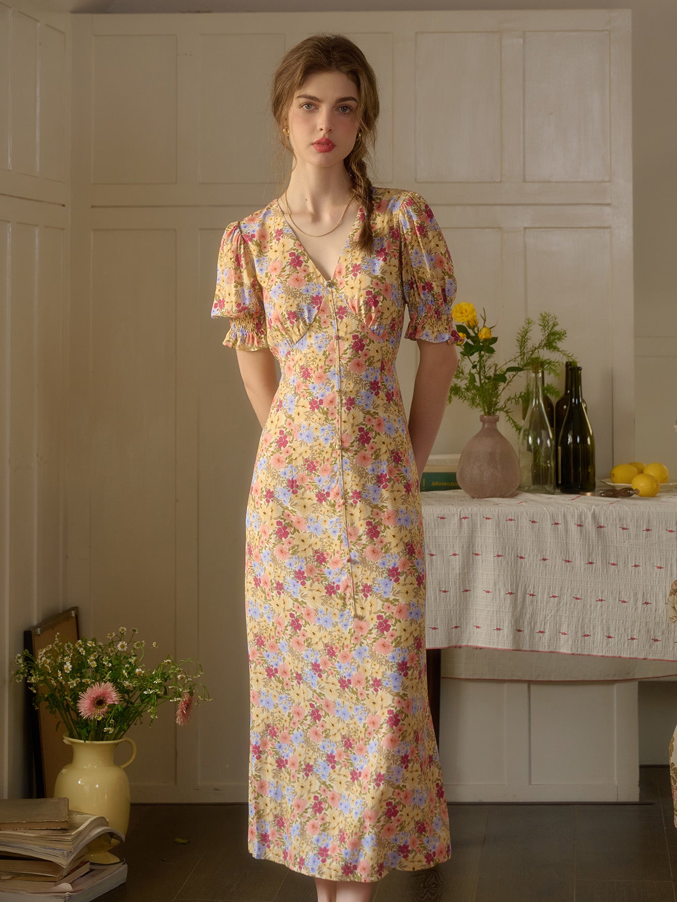 【Final Sale】Xena V-Neck Floral Puff Sleeve Dress - Red