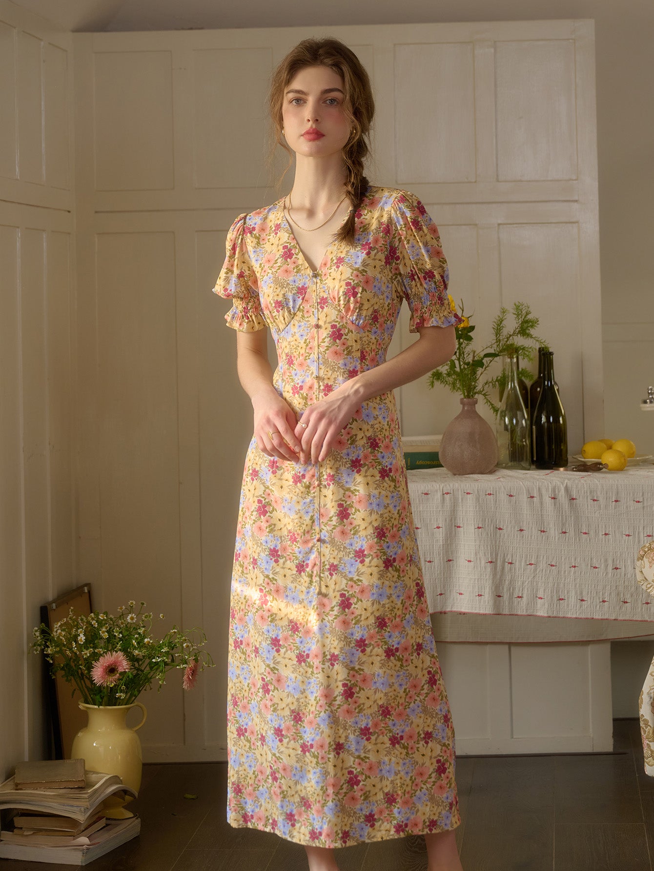 【Final Sale】Xena V-Neck Floral Puff Sleeve Dress - Red