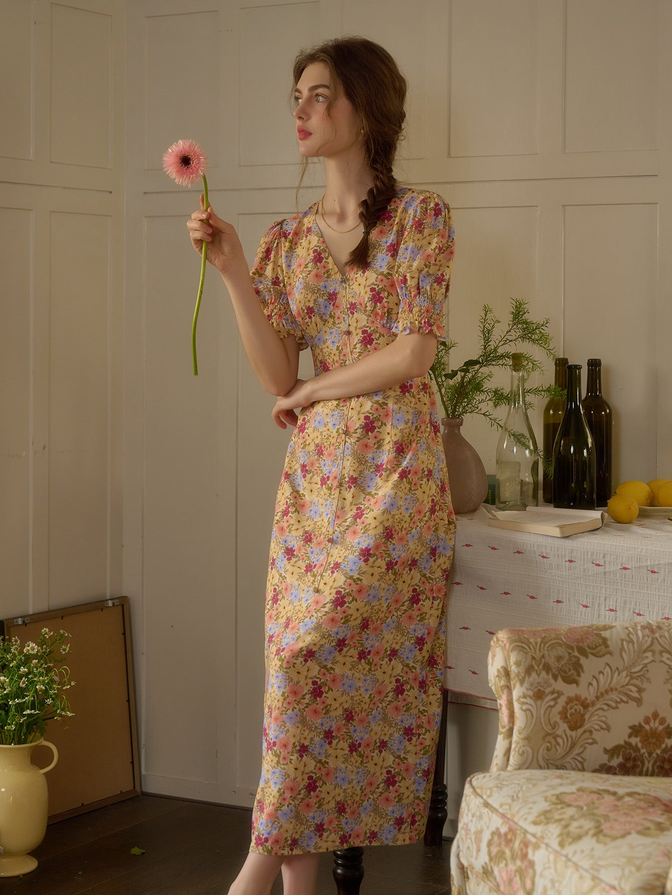 【Final Sale】Xena V-Neck Floral Puff Sleeve Dress - Red