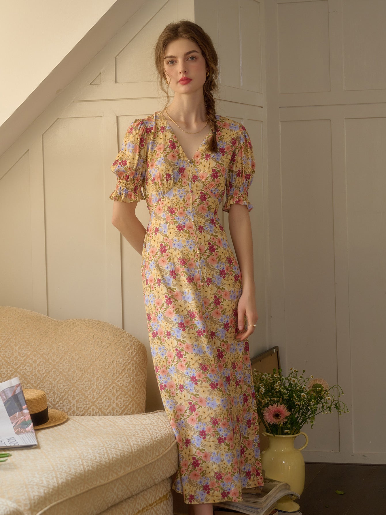 【Final Sale】Xena V-Neck Floral Puff Sleeve Dress - Red