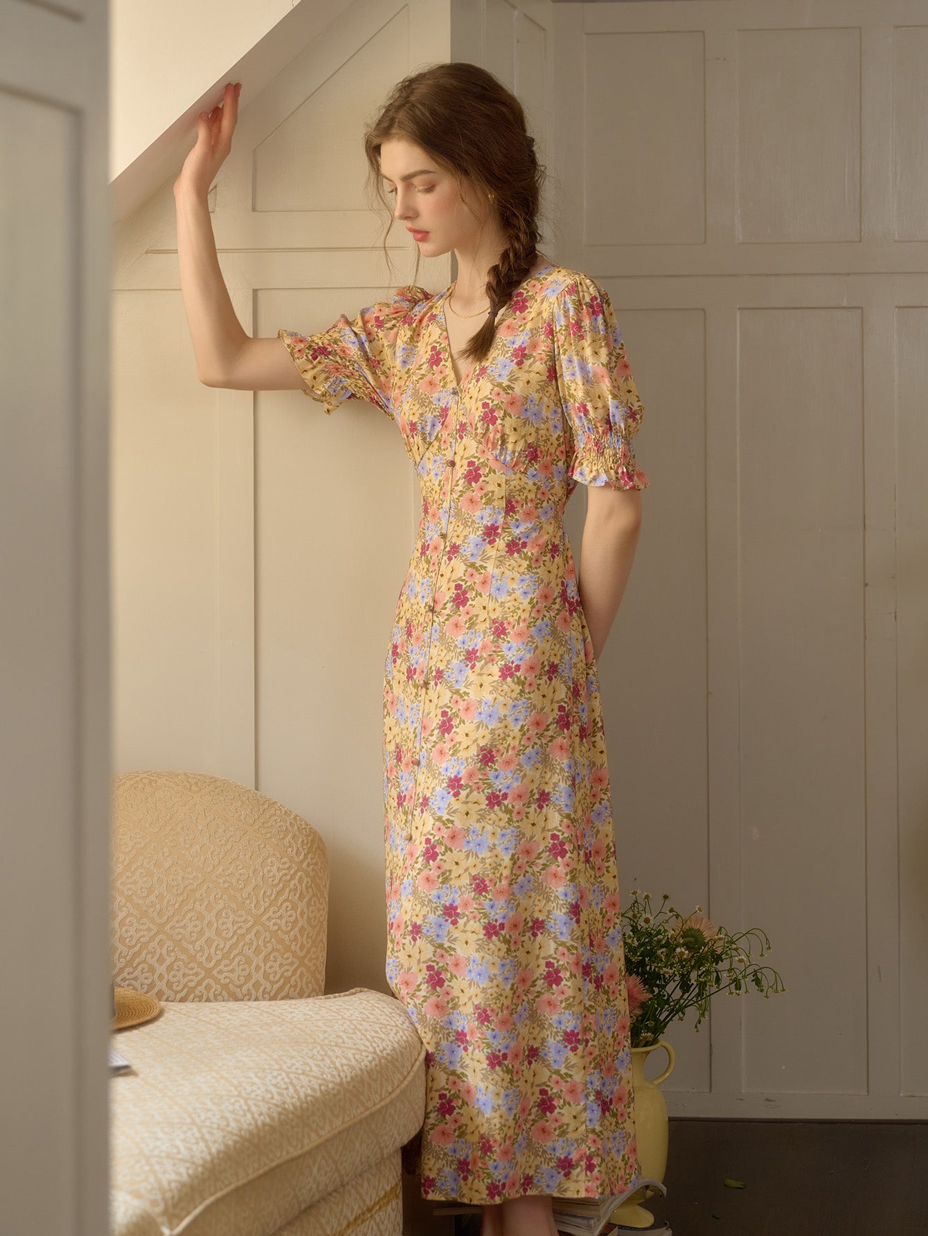 【Final Sale】Xena V-Neck Floral Puff Sleeve Dress - Red