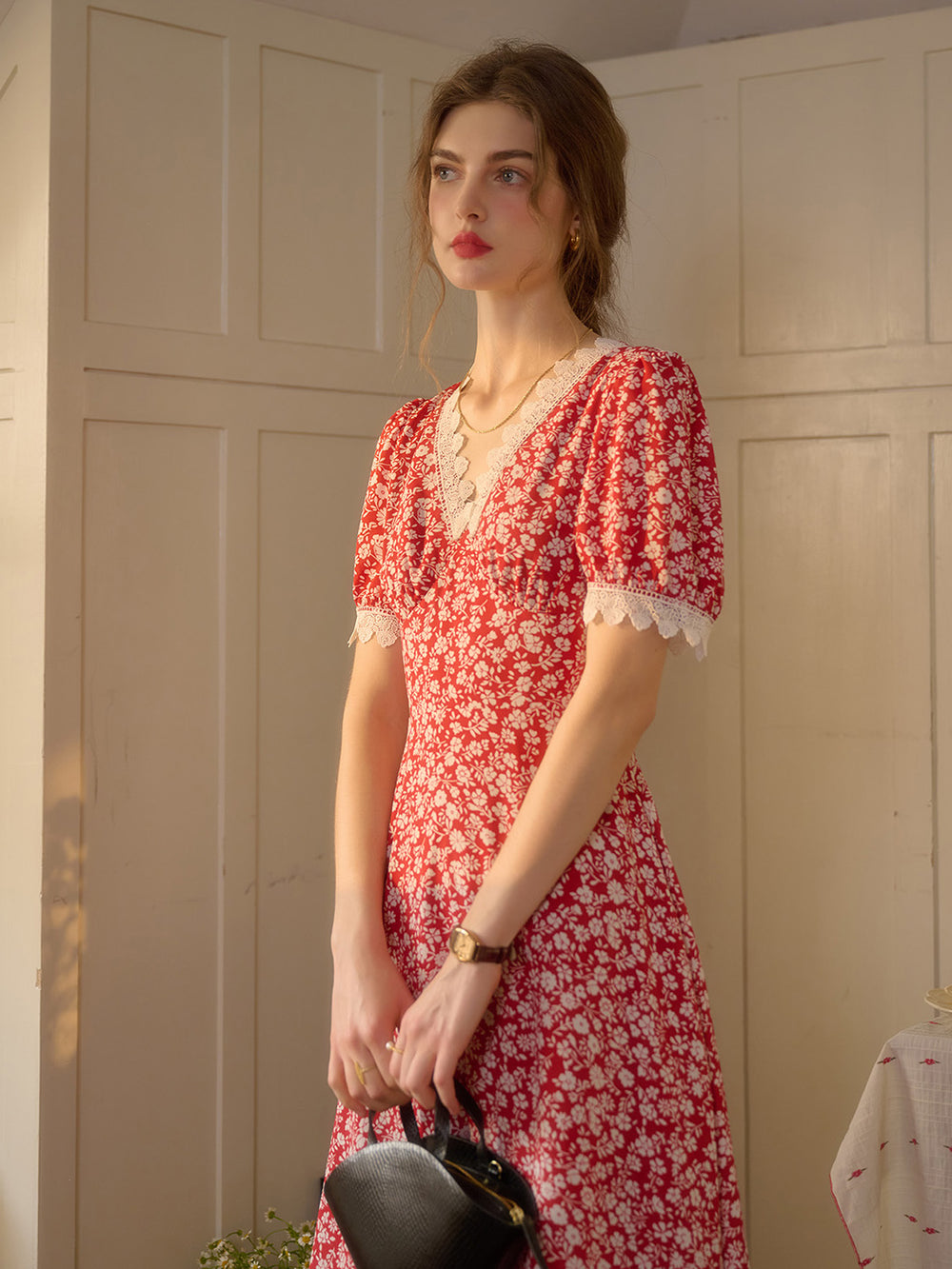 V-Neck Floral Printed With Red Tiered Women's Dress