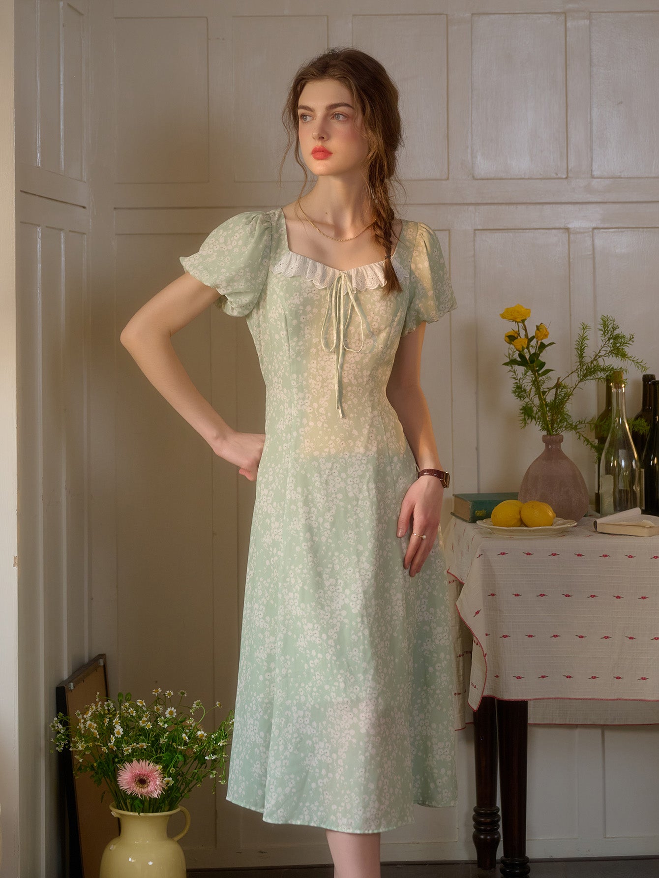 Emma Square Neck Lace Puff Sleeves Dress