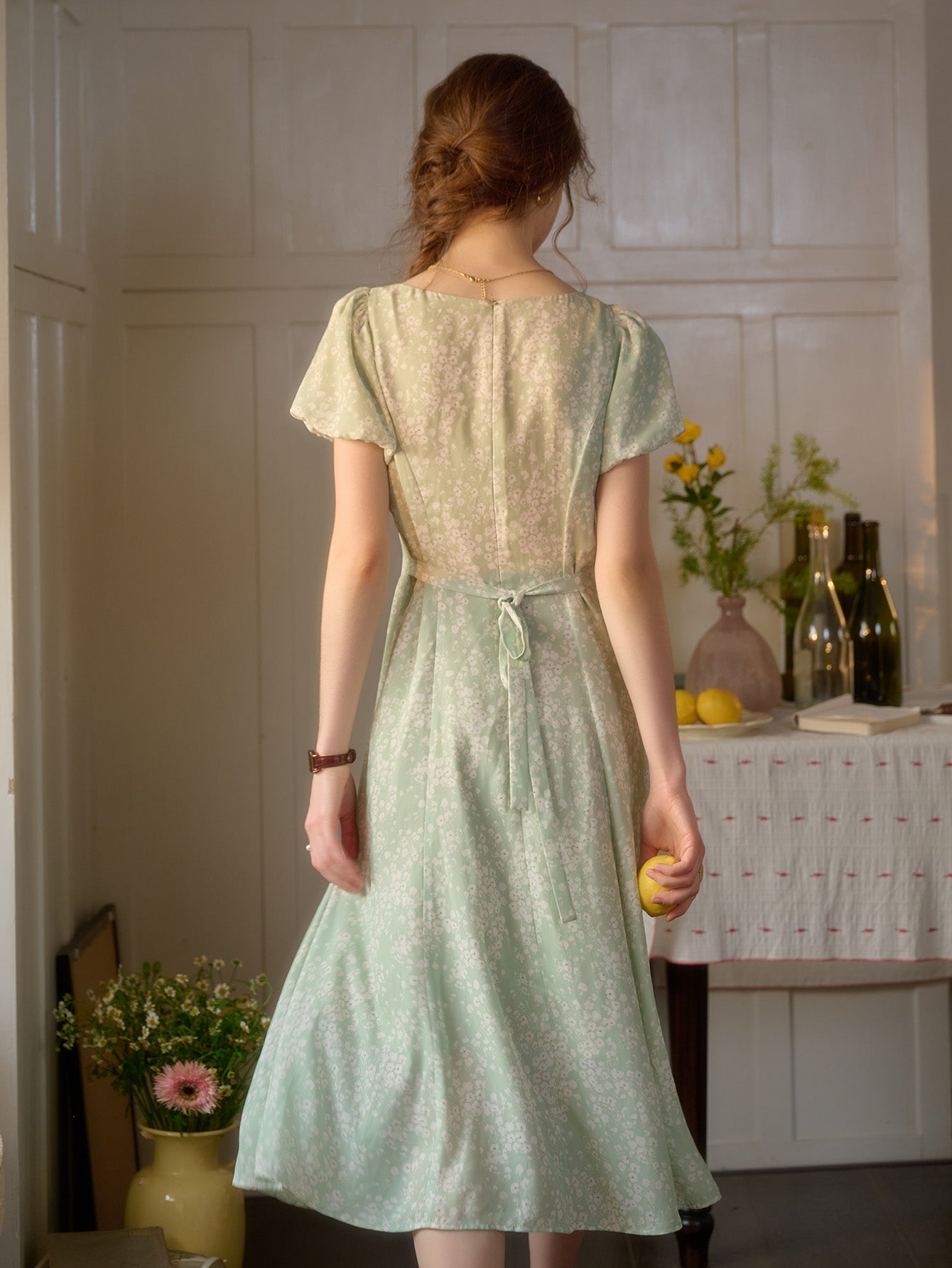 Emma Square Neck Lace Puff Sleeves Dress