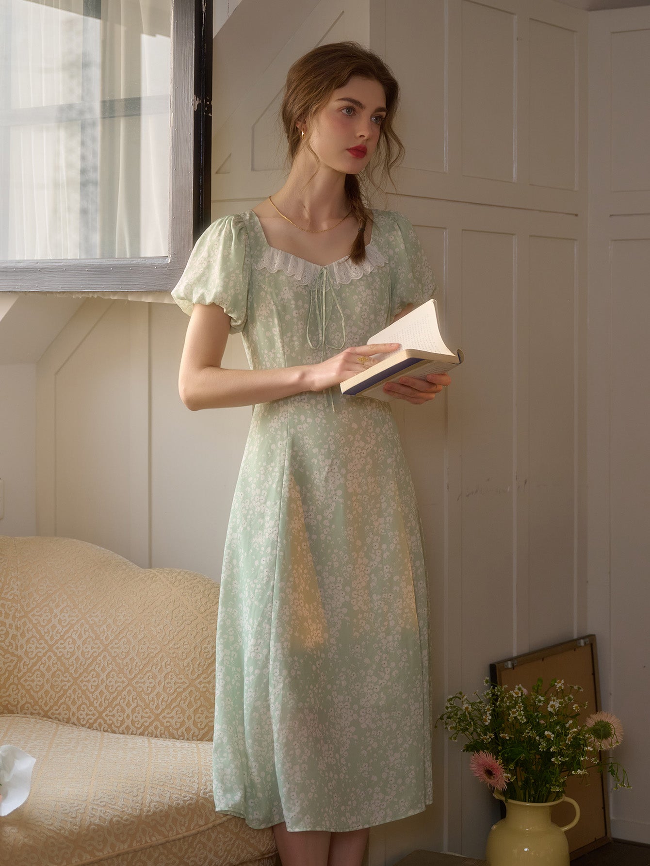 Emma Square Neck Lace Puff Sleeves Dress
