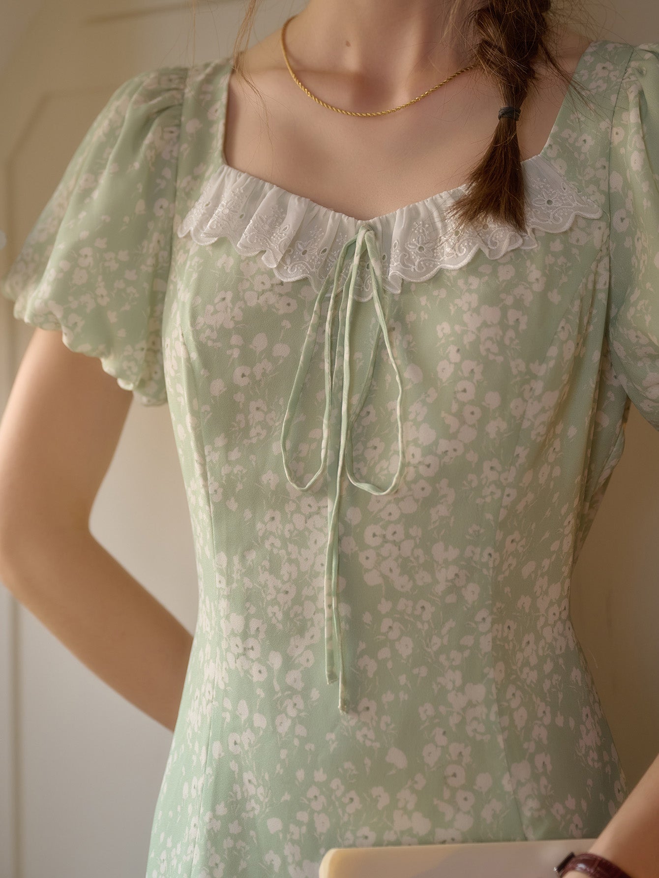 Emma Square Neck Lace Puff Sleeves Dress