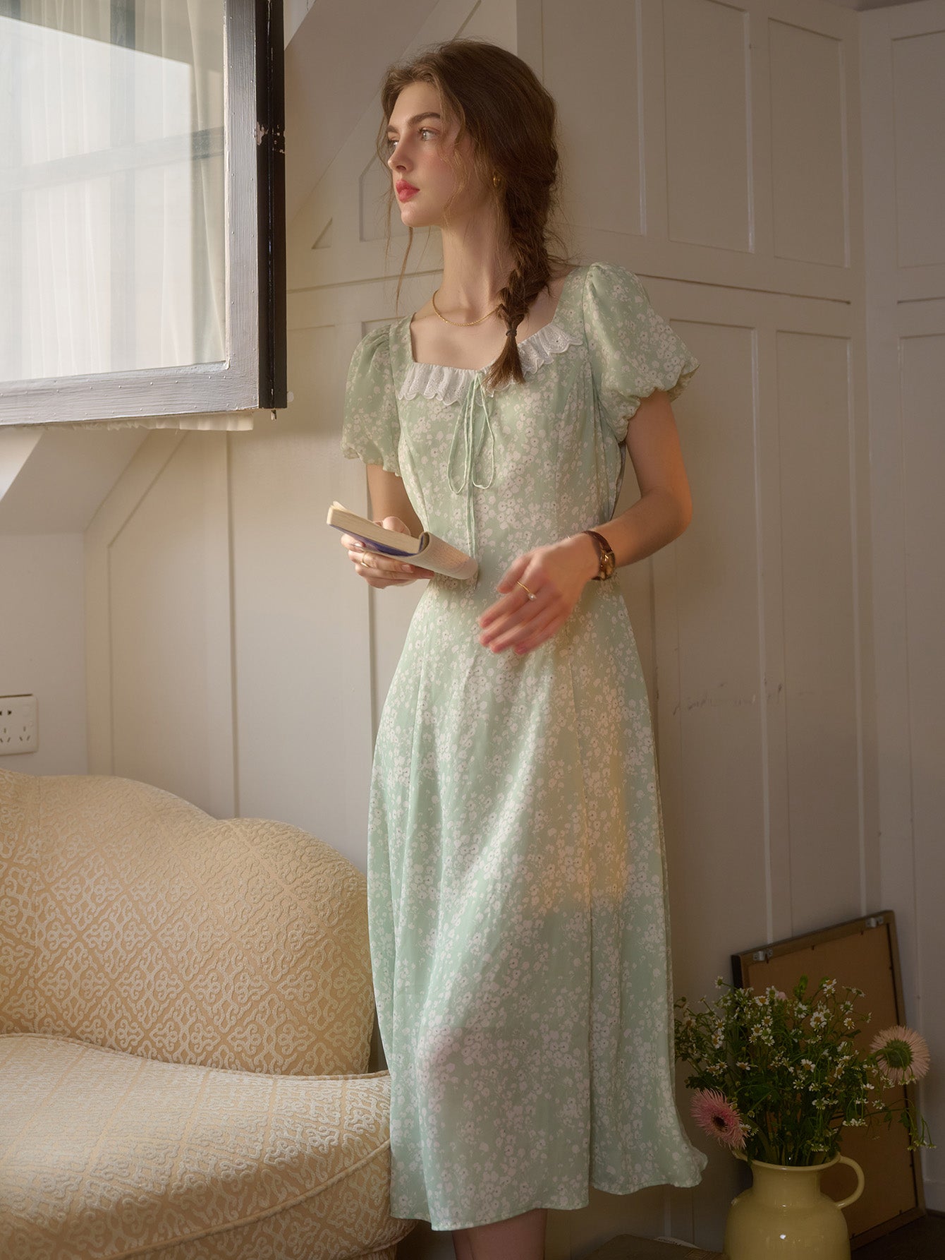 Emma Square Neck Lace Puff Sleeves Dress