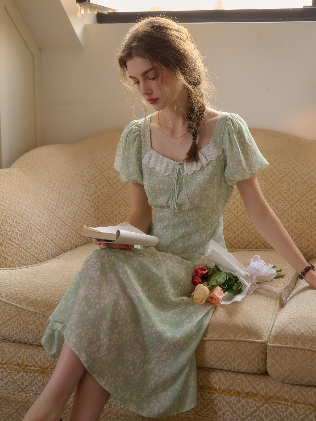 Emma Square Neck Lace Puff Sleeves Dress