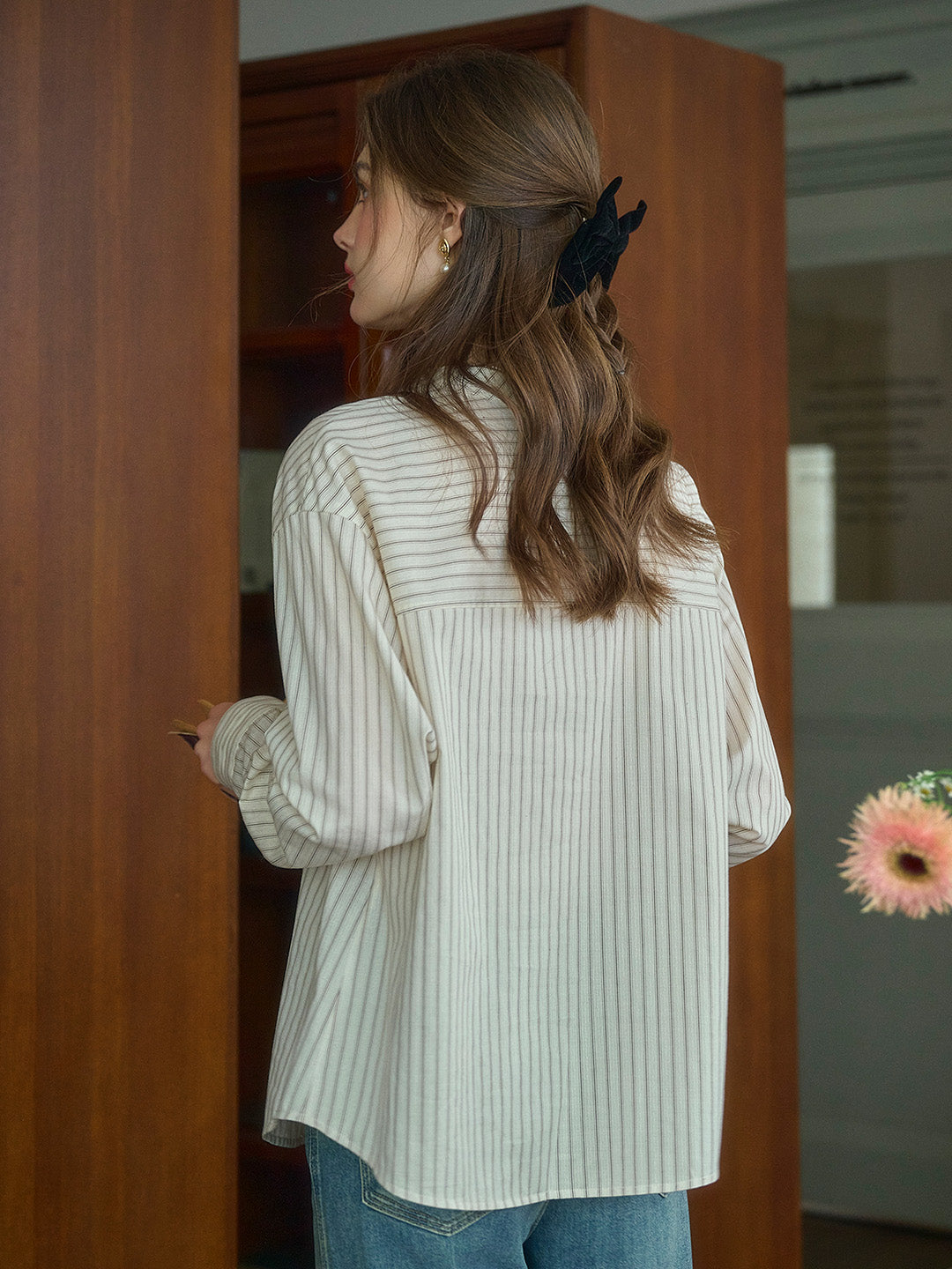 Delilah Ribbon Collar Stripes Shirt