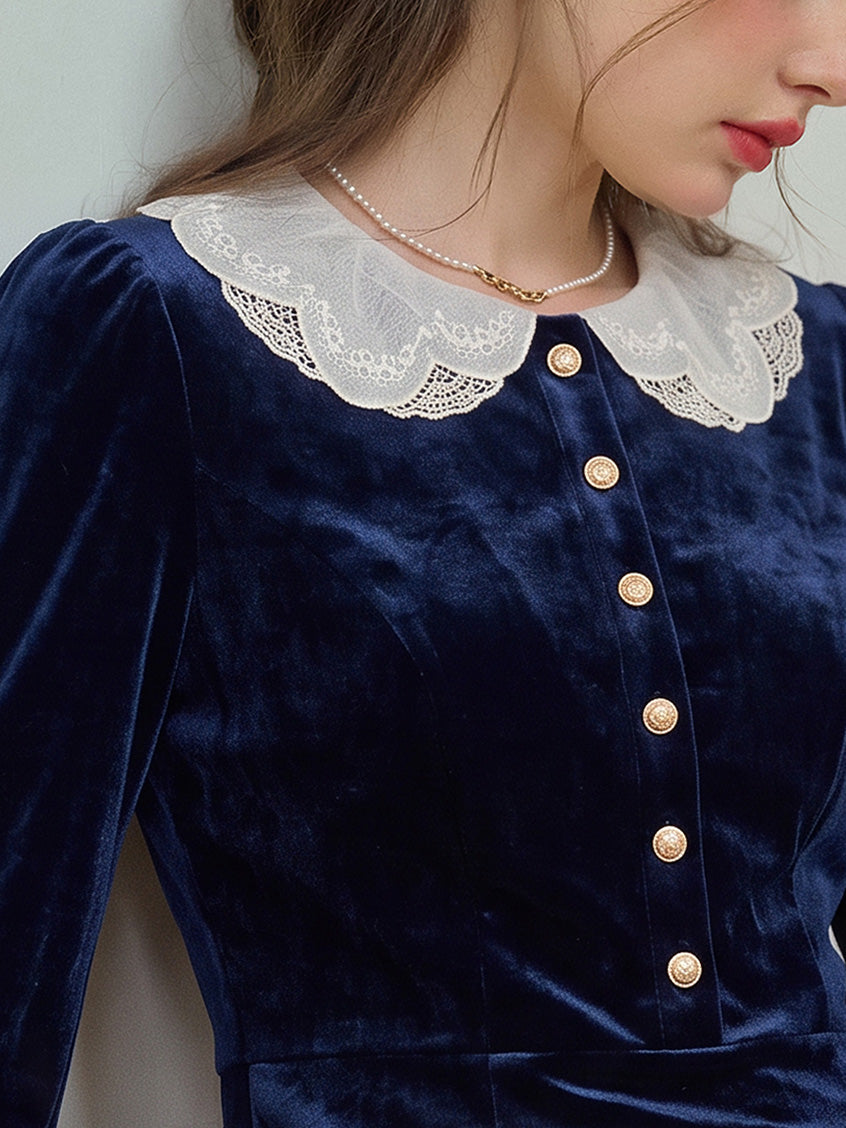 Azucena Lace-Collar Gold-Button Velvet Dress