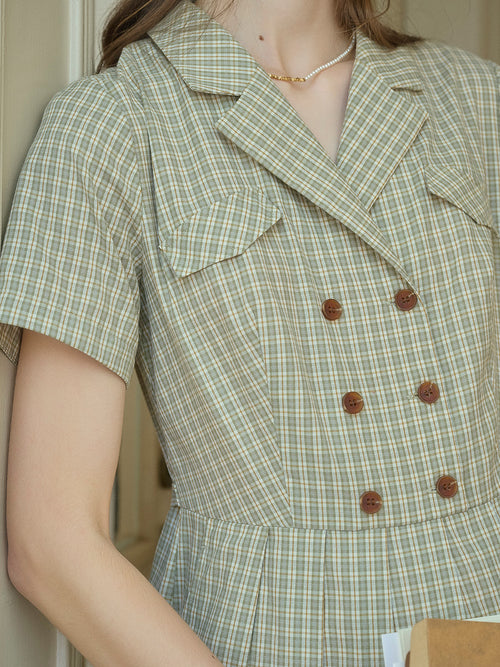 V-neck Plaid Waist Button Dress main image 0