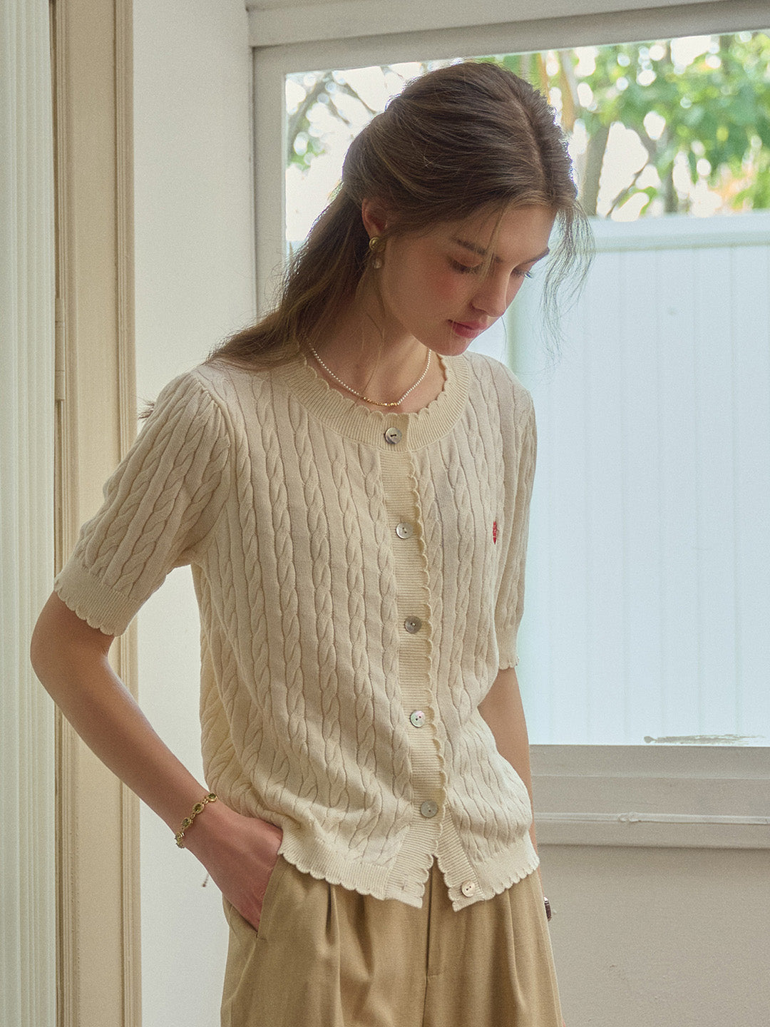 Siena Wave Neck Knit Wool Cardigan - Off White