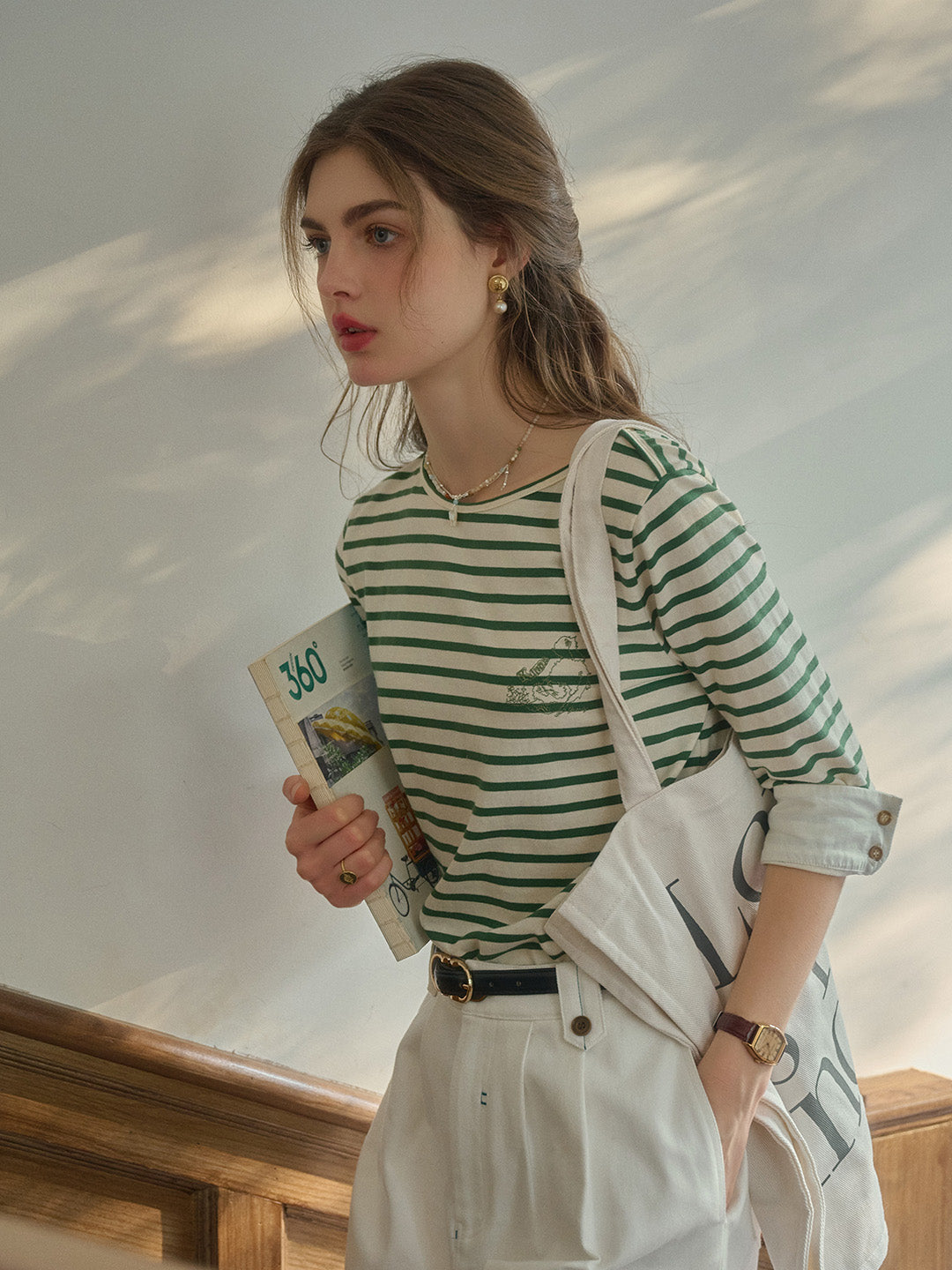 Violet Round Neck Striped Cotton T-shirt