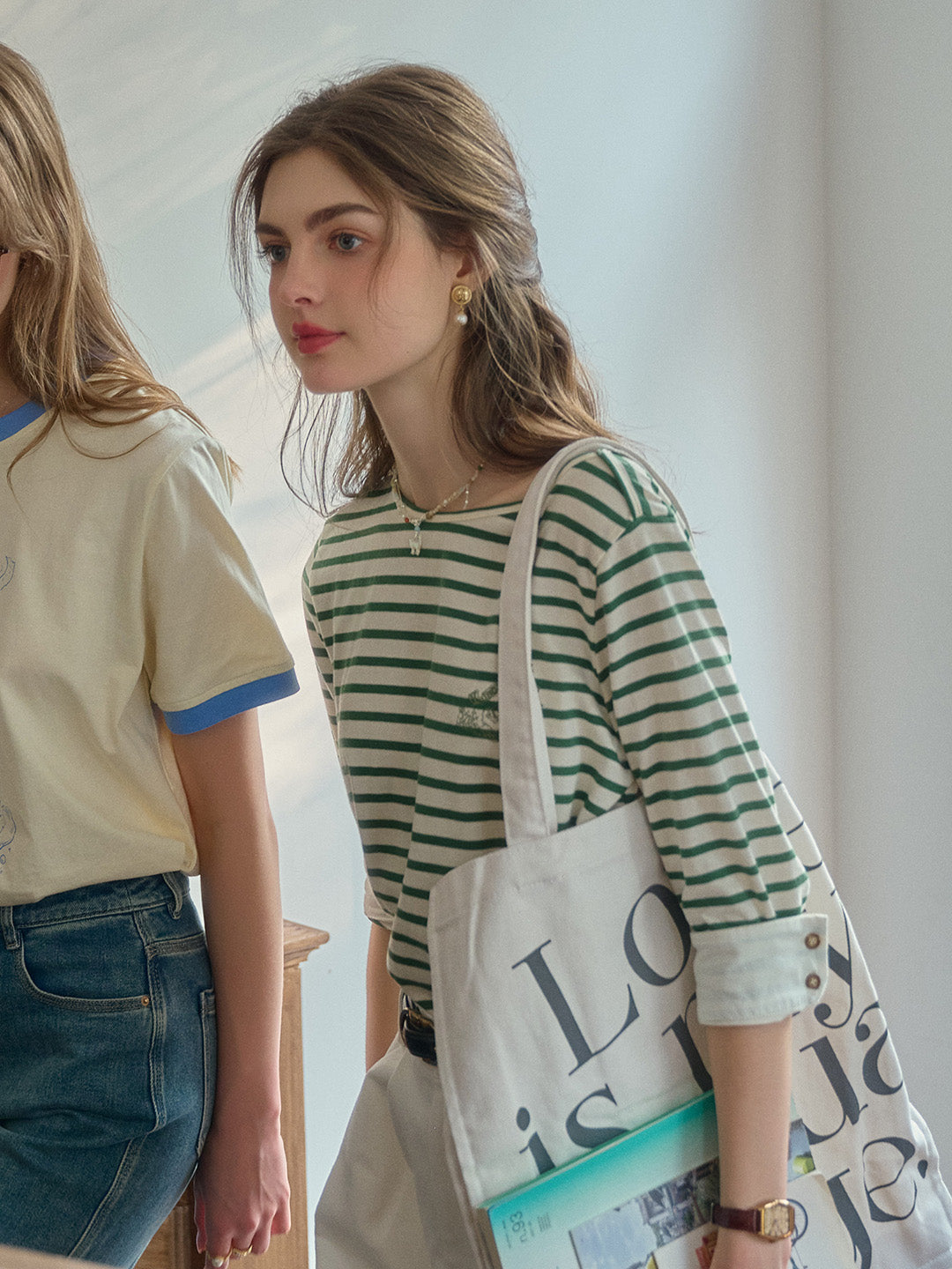 Violet Round Neck Striped Cotton T-shirt