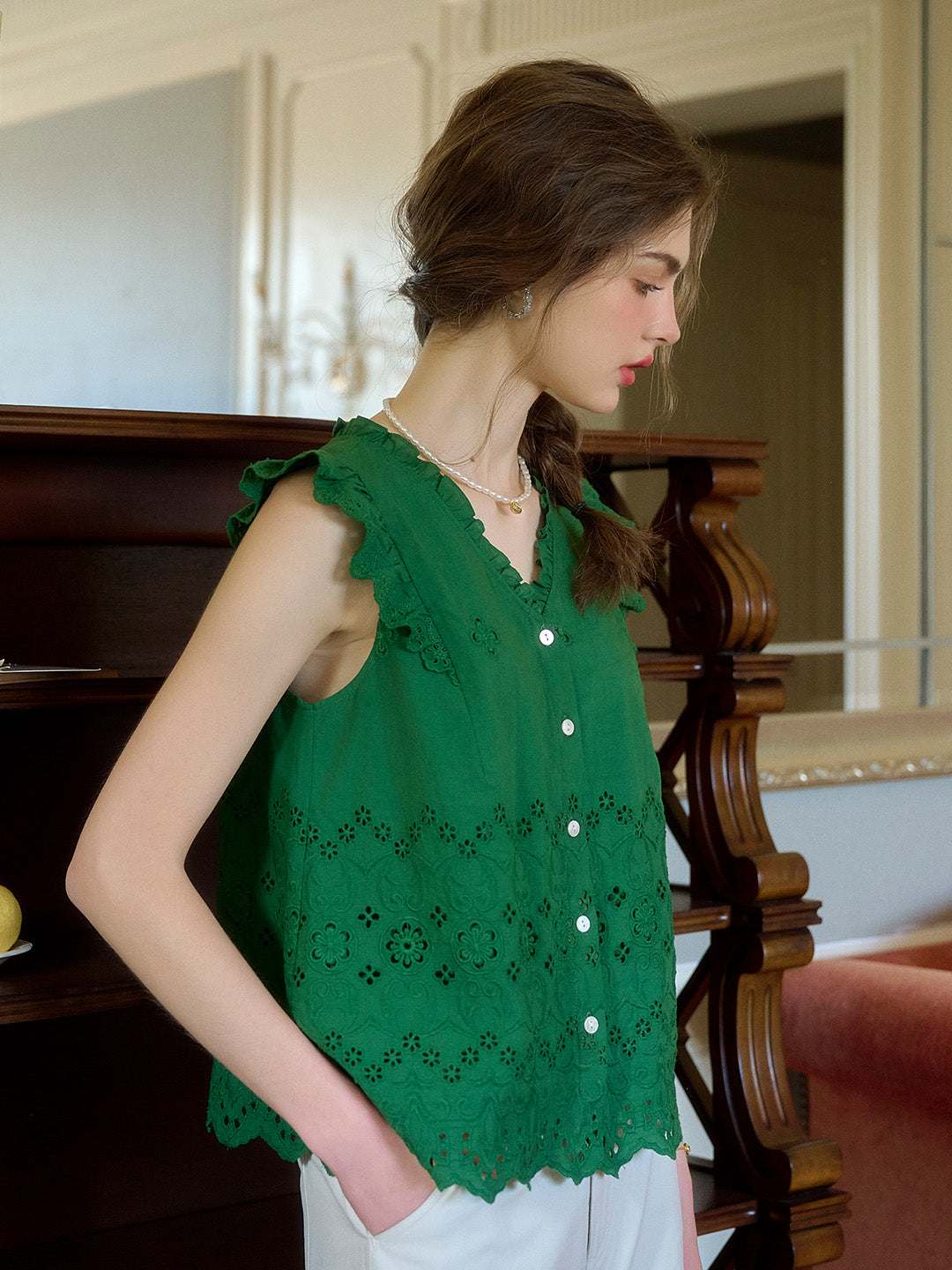 Hannah V-Neck Embroidery Ruffle Sleeve Top