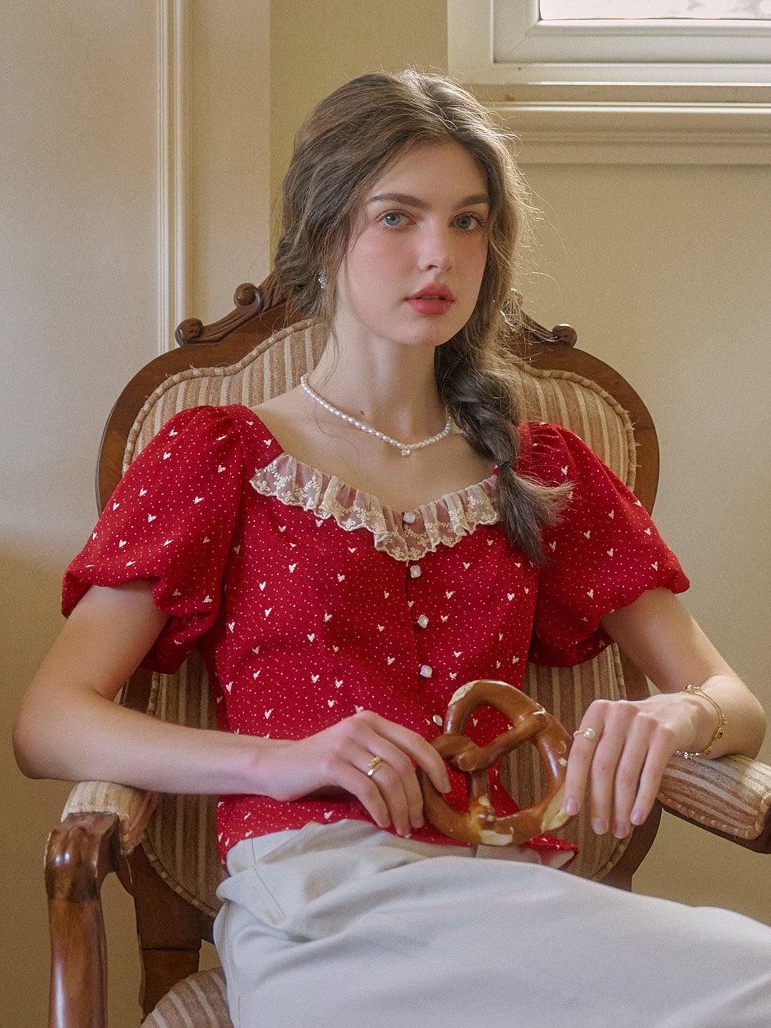 Charlotte Square Neck Lace Puff Sleeves Top