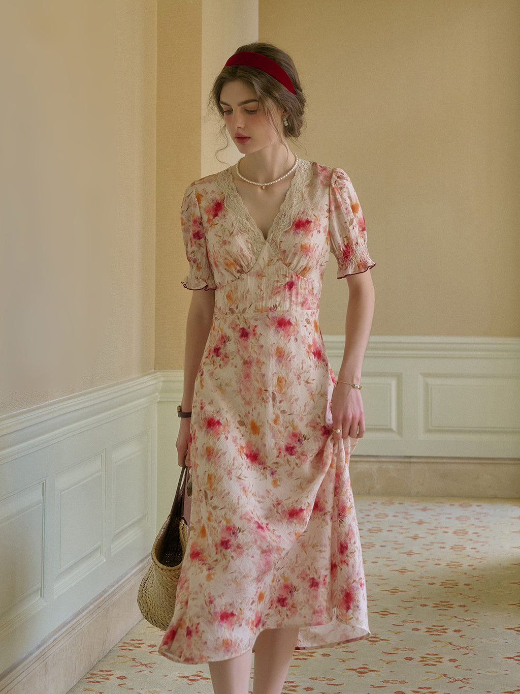 Amelia V-Neck Lace Floral Dress Yellow / S