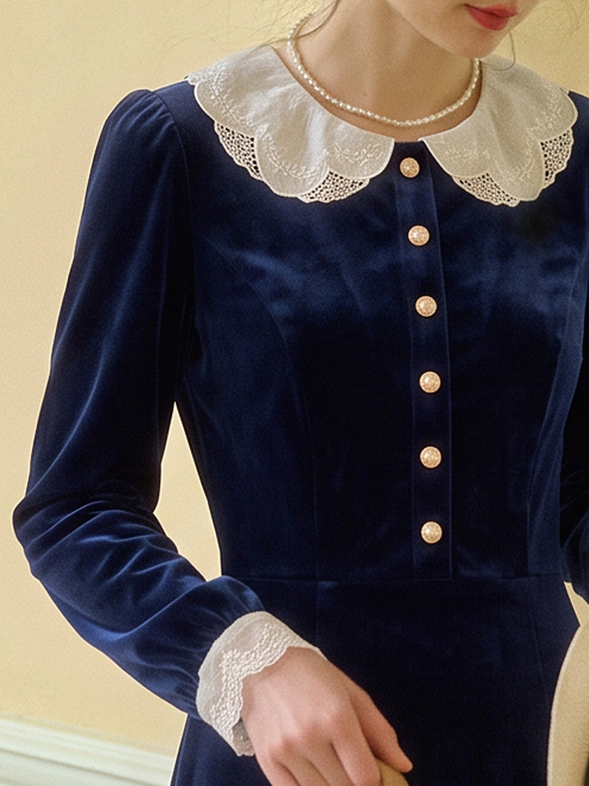 Azucena Lace-Collar Gold-Button Velvet Dress
