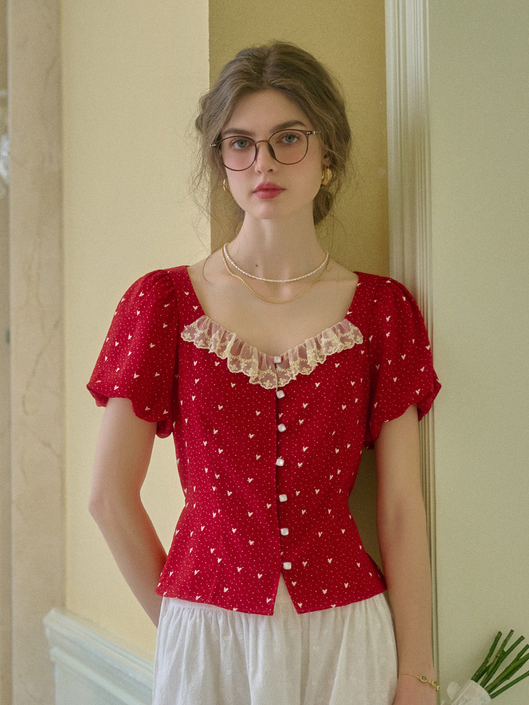 Charlotte Square Neck Lace Puff Sleeves Top