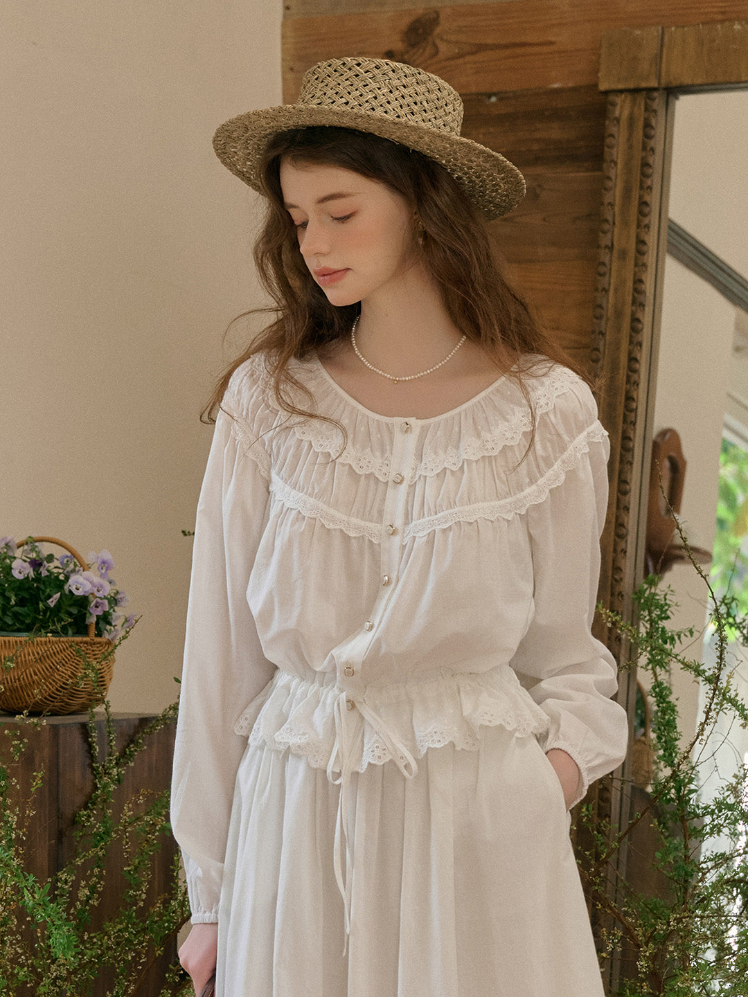 Isabella Round Neck Lace Cotton Blouse