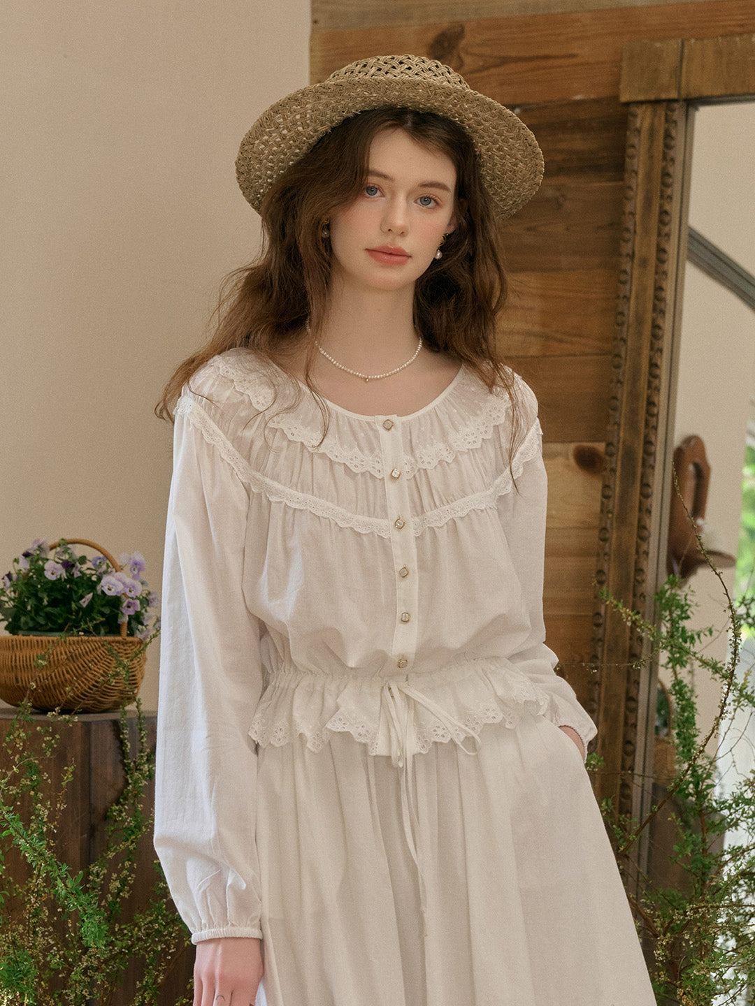 Isabella Round Neck Lace Cotton Blouse