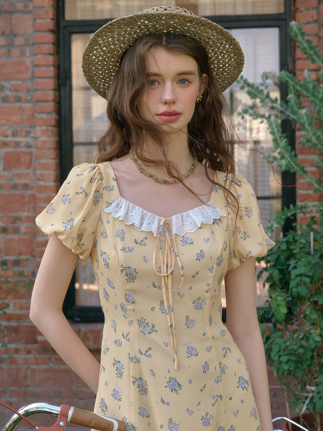 Emma Square Neck Lace Puff Sleeves Dress