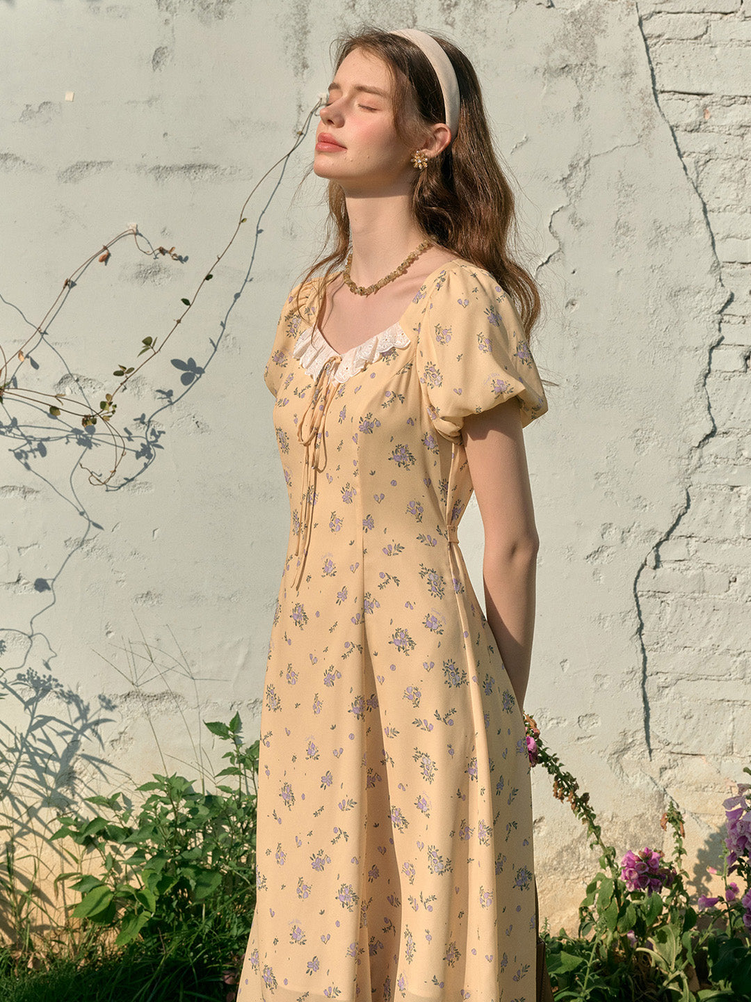 Emma Square Neck Lace Puff Sleeves Dress