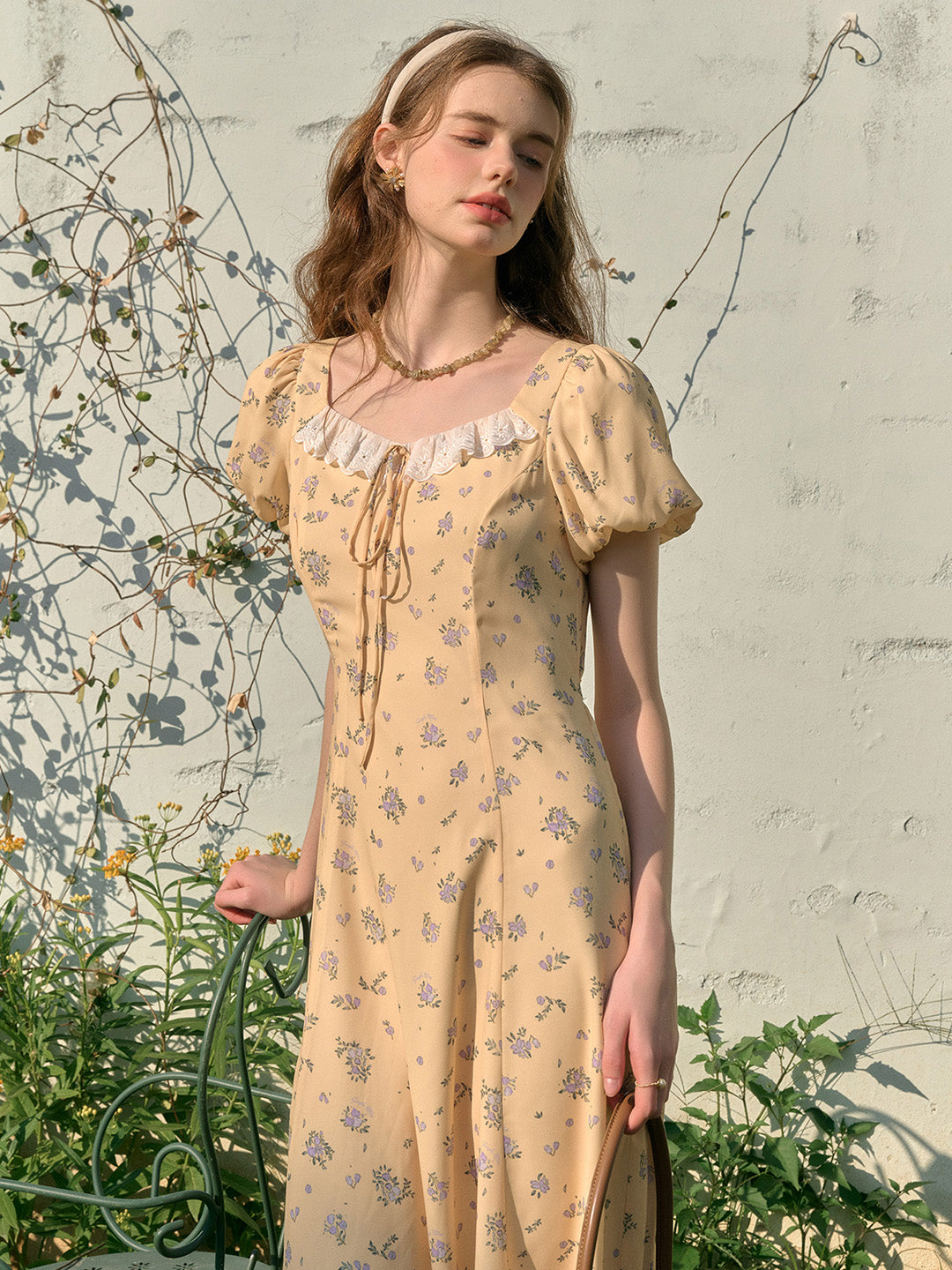 Emma Square Neck Lace Puff Sleeves Dress