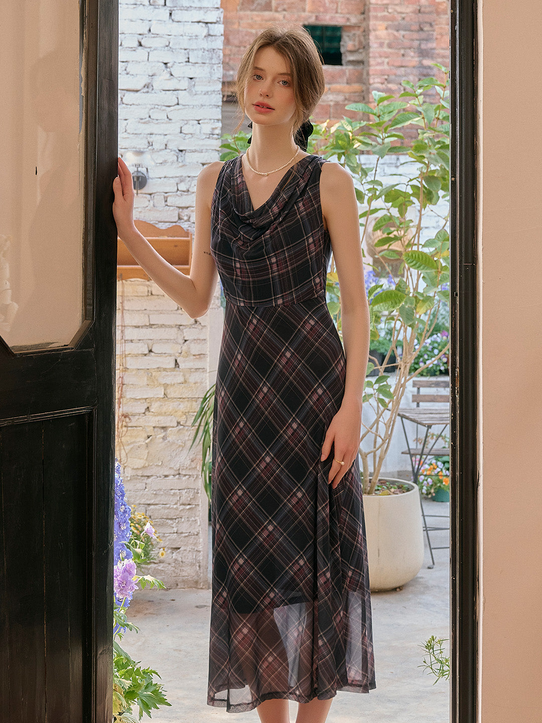 Valencia Cowl Neck Sleeveless Plaid Dress