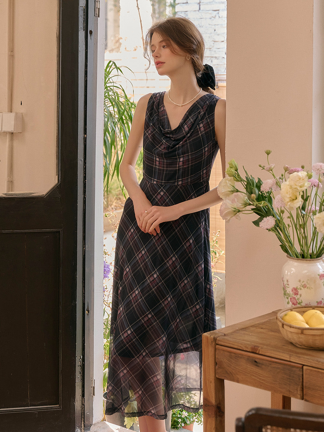 Valencia Cowl Neck Sleeveless Plaid Dress