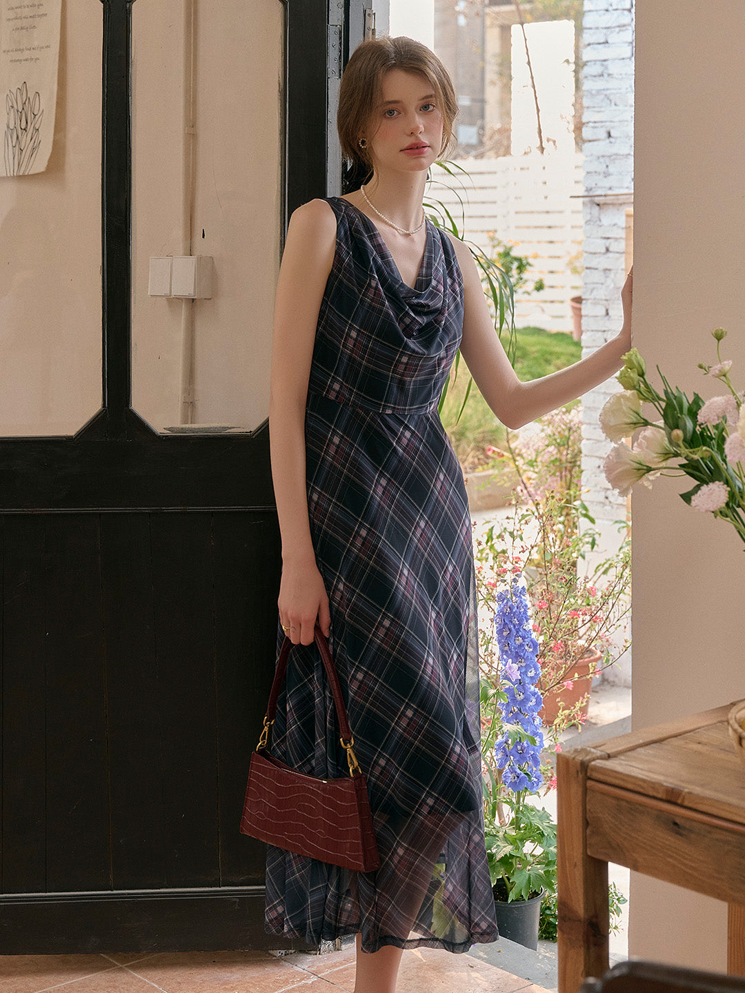 Valencia Cowl Neck Sleeveless Plaid Dress