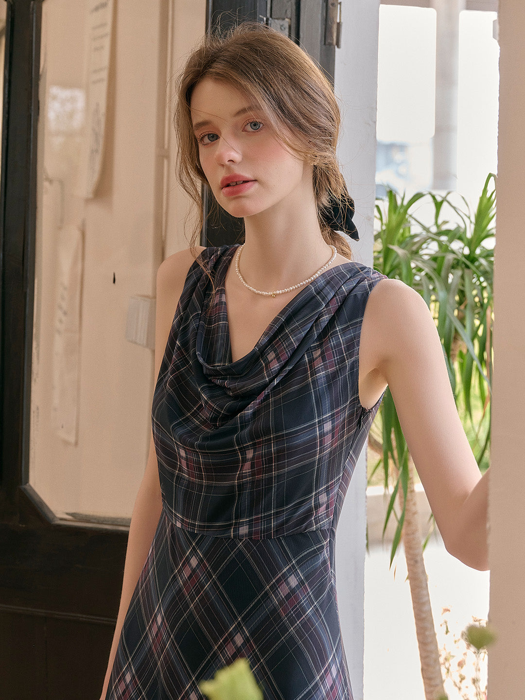 Valencia Cowl Neck Sleeveless Plaid Dress