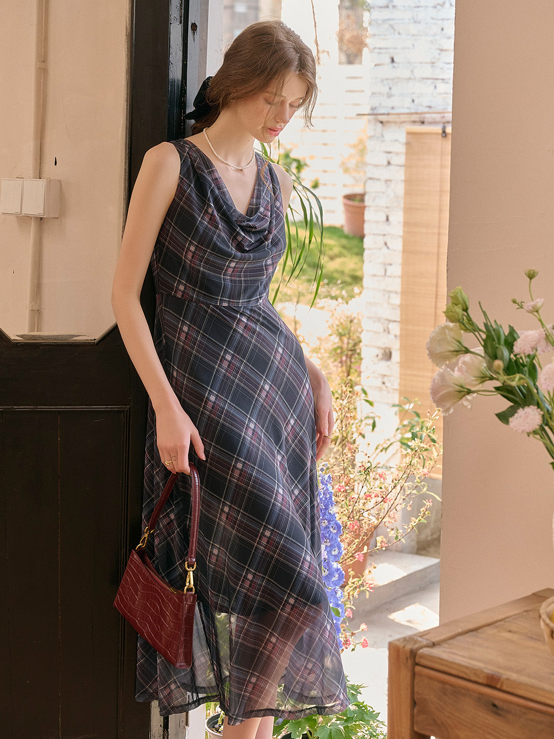 Valencia Cowl Neck Sleeveless Plaid Dress