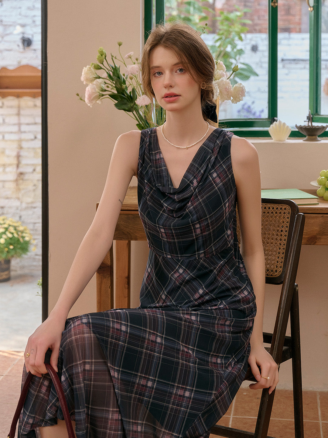 Valencia Cowl Neck Sleeveless Plaid Dress