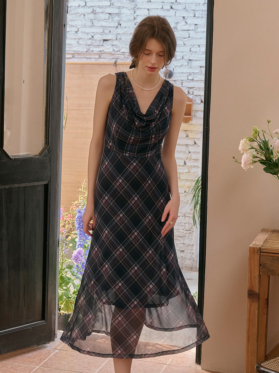 Valencia Cowl Neck Sleeveless Plaid Dress