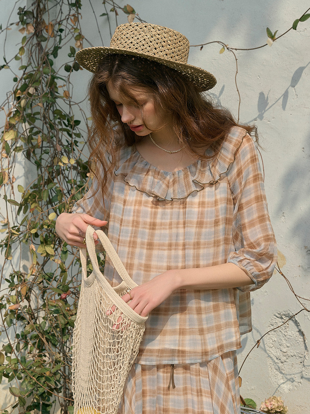 Melanie Ruffle Neck Plaid Blouse